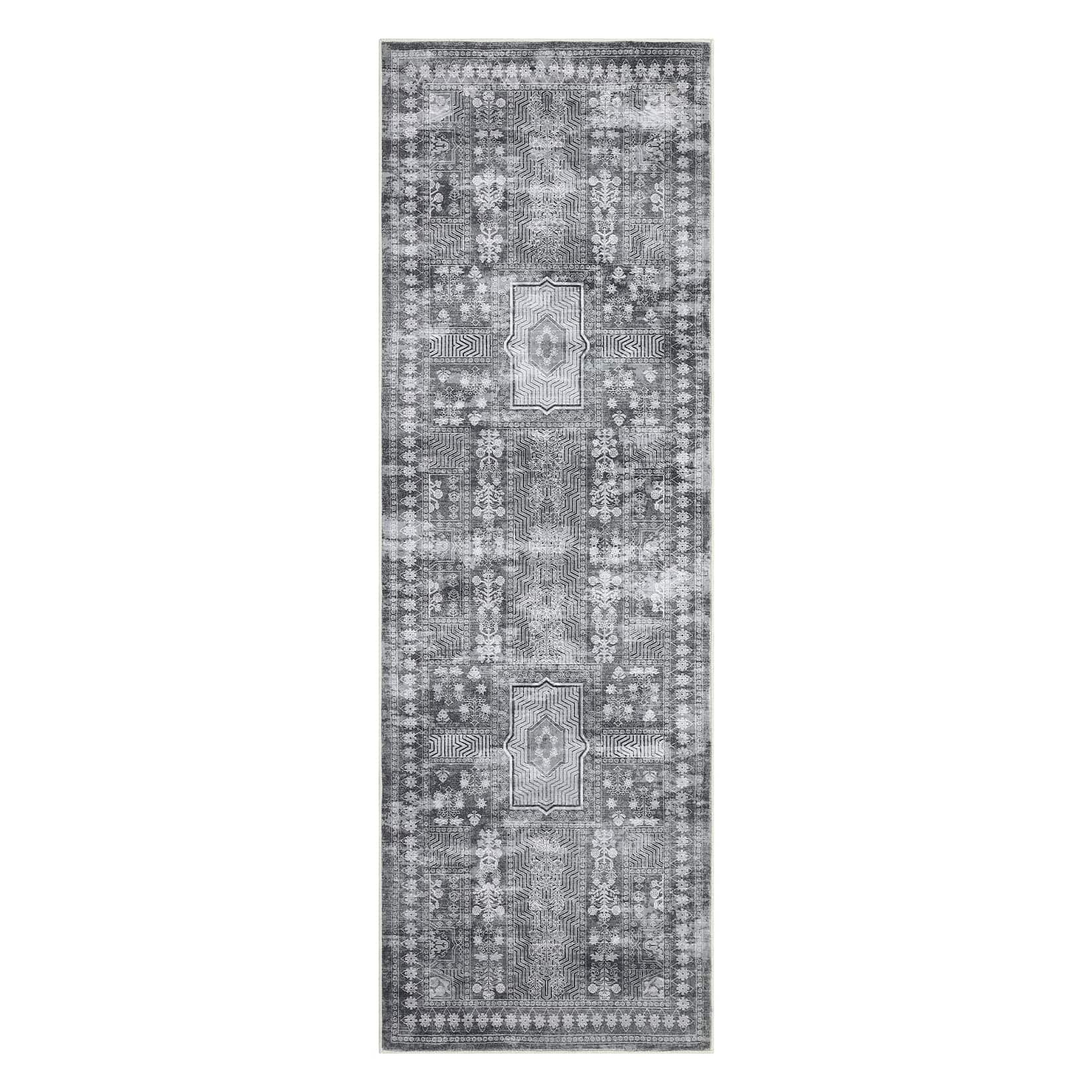 Qeetex LSN-PHO-15XMTOJL 2 x 8 ft Polyester Imitation Cashmere Gray Rectangular Hallway Bathroom Entryway Kitchen Office Foldable Flower Printed Persian Washable Area Rug