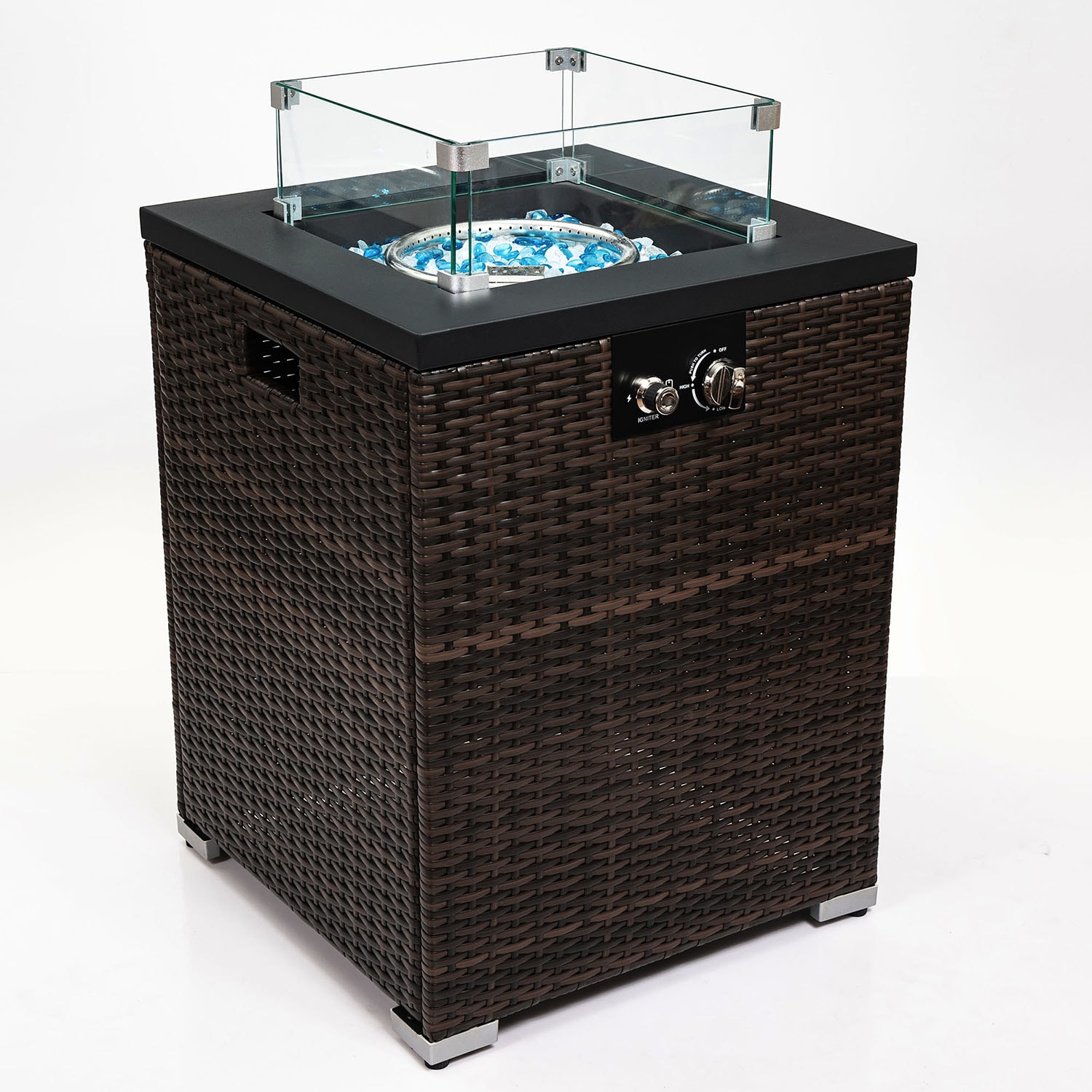 GZMR GZ-W8530911 Wicker Fire Pit Column with Glass Wind Guard 21.65-in W Dark Brown Portable Wicker Rectangle Tabletop Liquid propane Fire pit