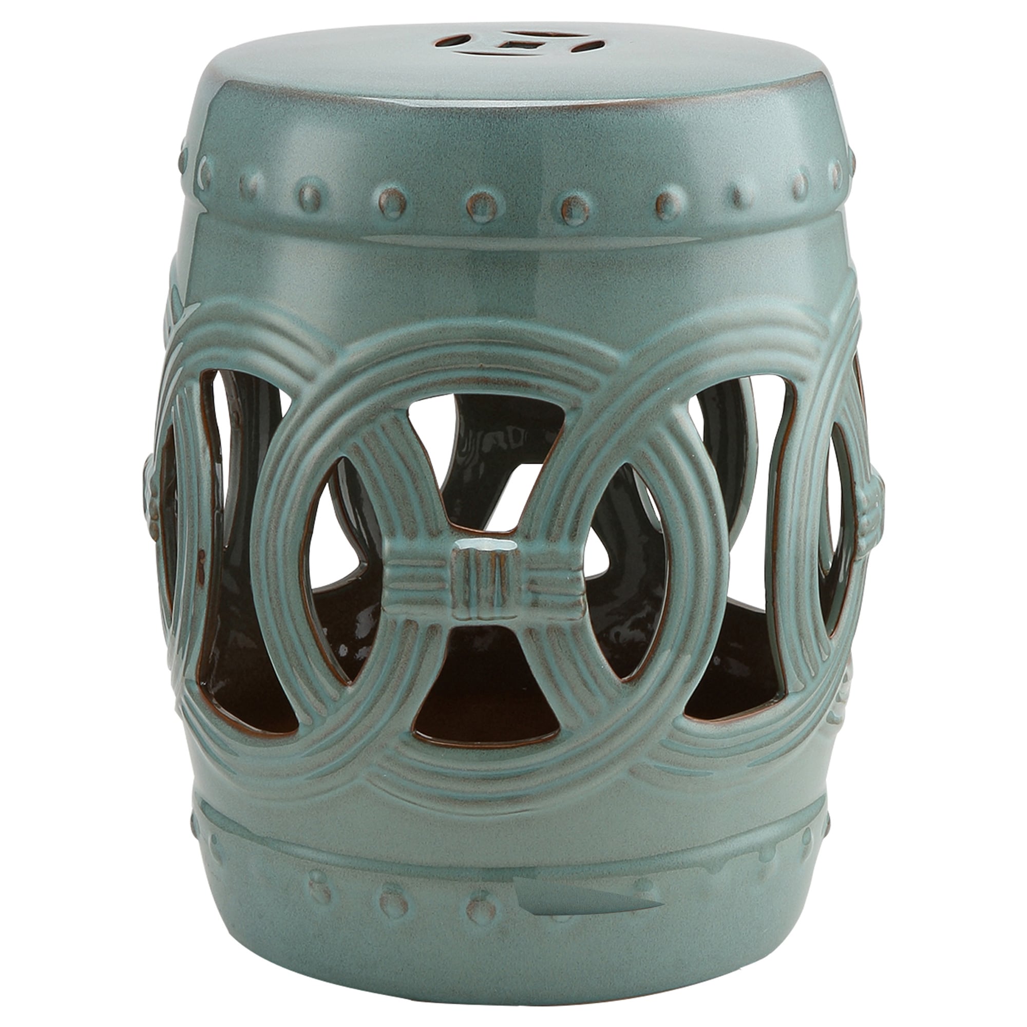 Tinyhomie 14Inch x 17Inch Ceramic Garden Stool with Double Coin Knotted Ring Design and Strong Glazed Material Decorative End Table Home Collection Antique Blue