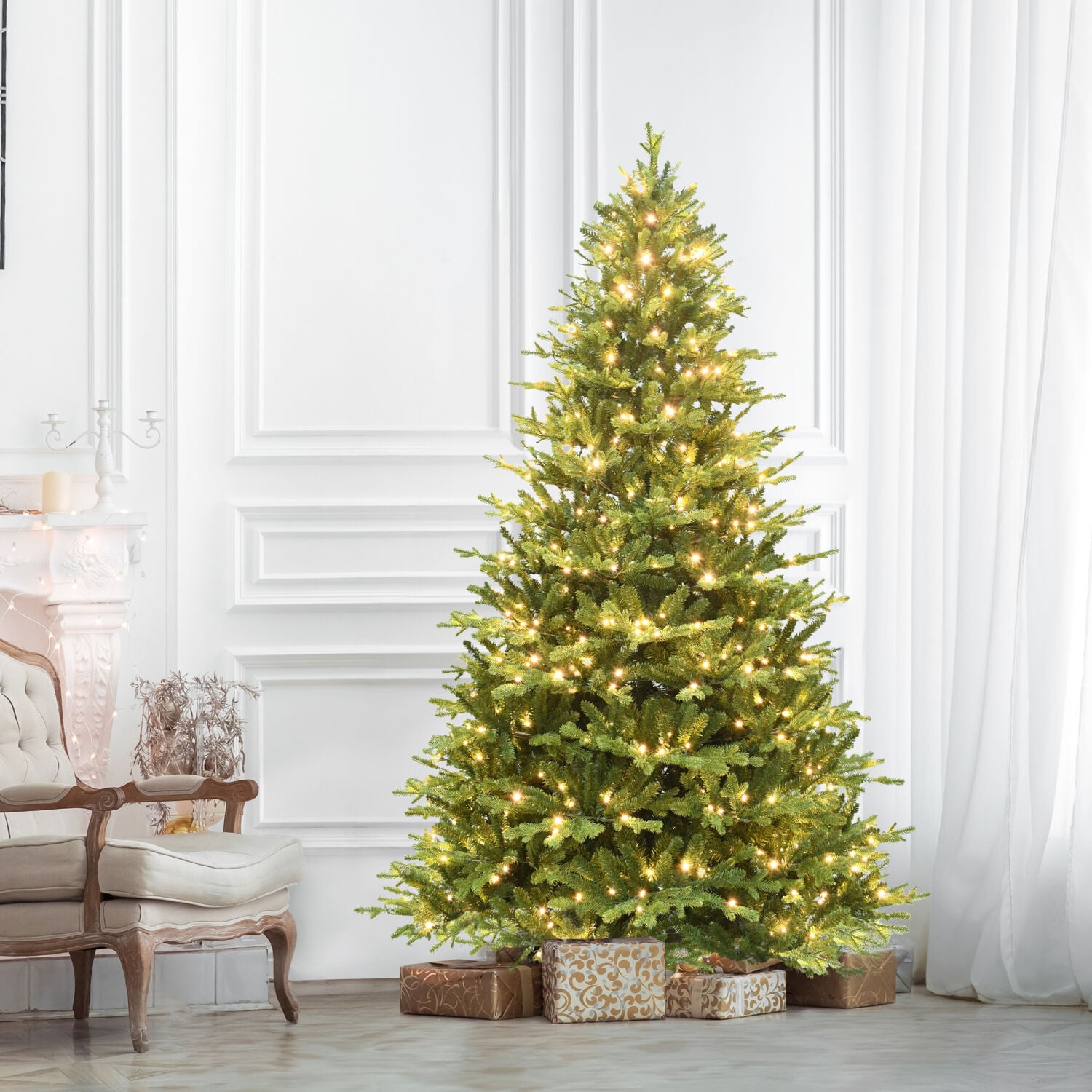 7.5-Foot Green Pine Artificial Christmas Tree with Warm White LED Lights