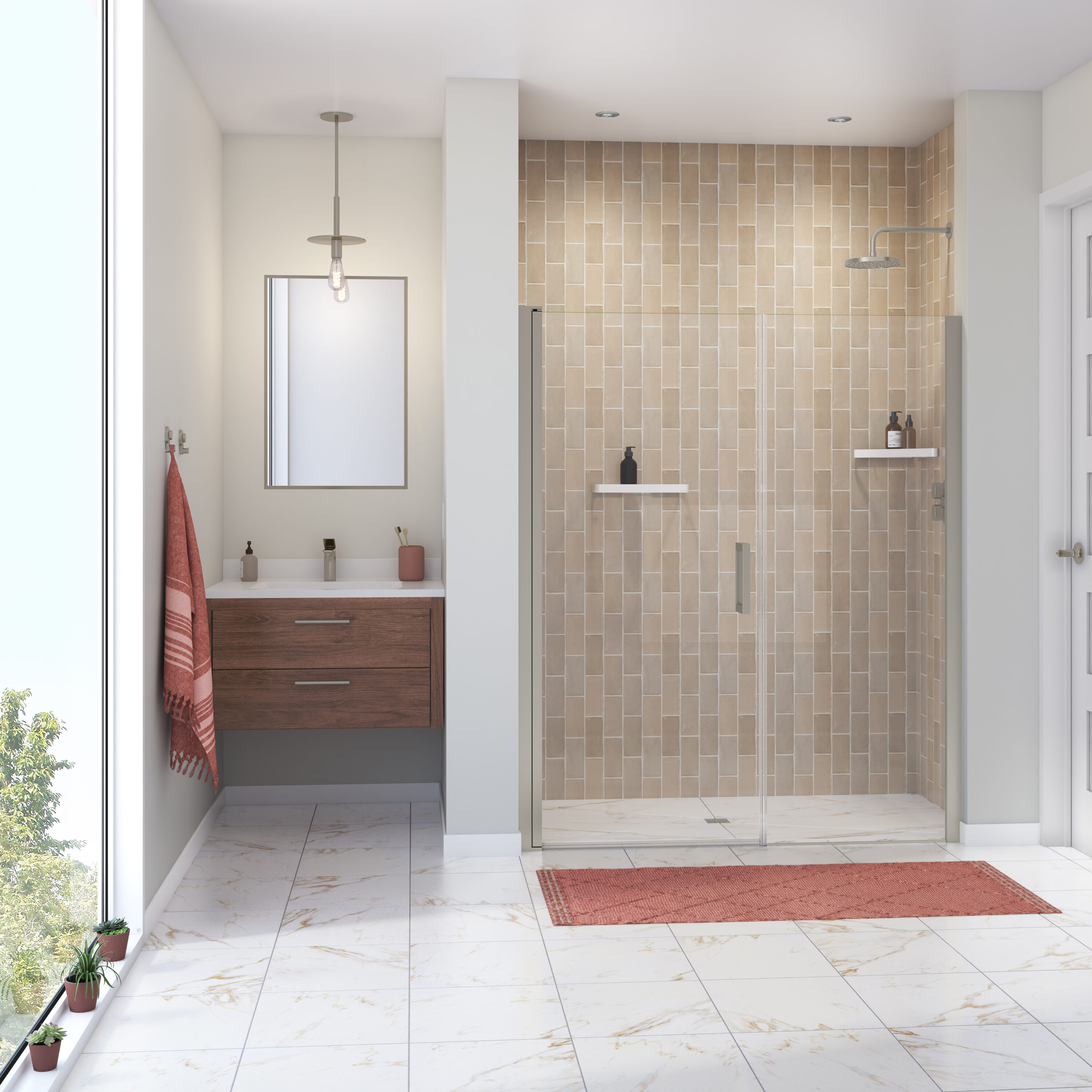 MAAX 838277-900-305-100 Manhattan Brushed Nickel 57-in to 59-in W x 68-in H Frameless Pivot Shower door 1/4-in Thick Clear Glass