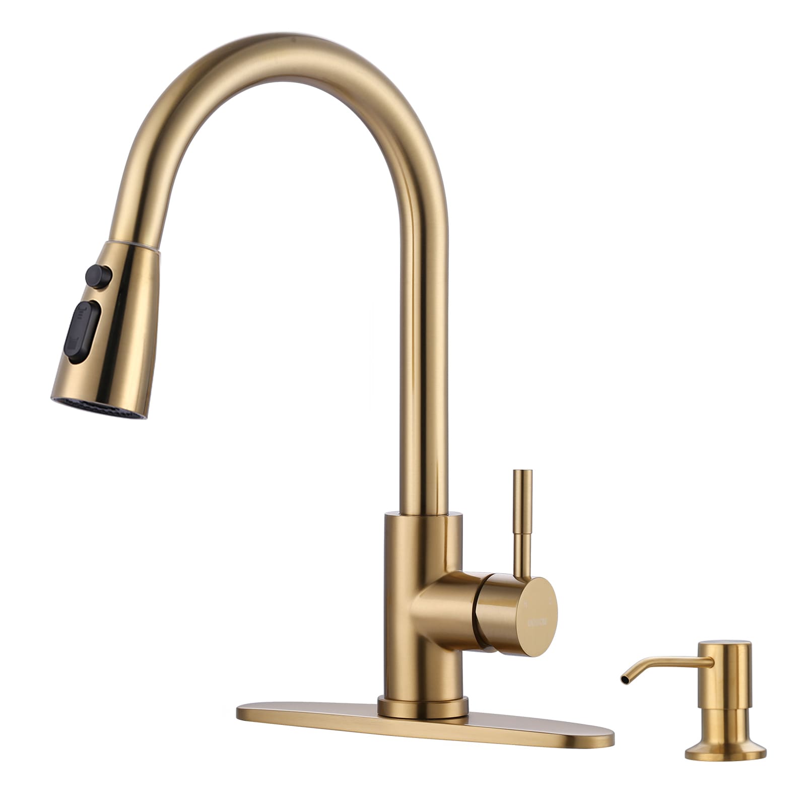 Gold Single Handle Pull-down Kitchen Faucet with Sprayer (Deck Plate and Soap Dispenser Included) Stainless Steel | - WOWOW 2310301G-S-LW