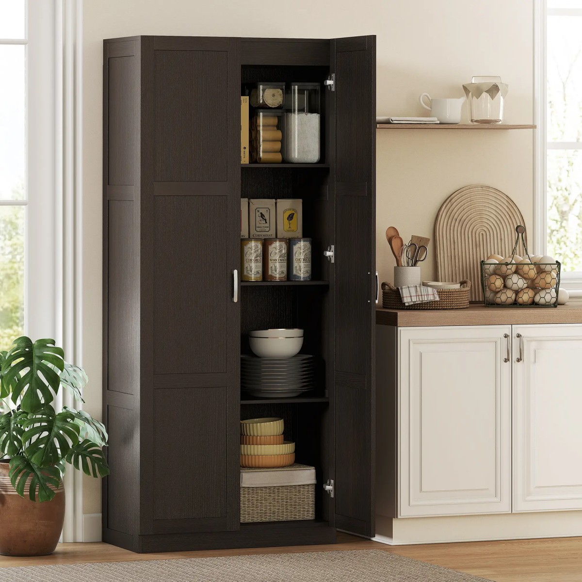 GlasFlength  71 Inch Tall Pantry Storage Cabinet with 7 Compartments Utility Storage Cabinets with Large Capacity for Kitchen Living Room Dining Room Black