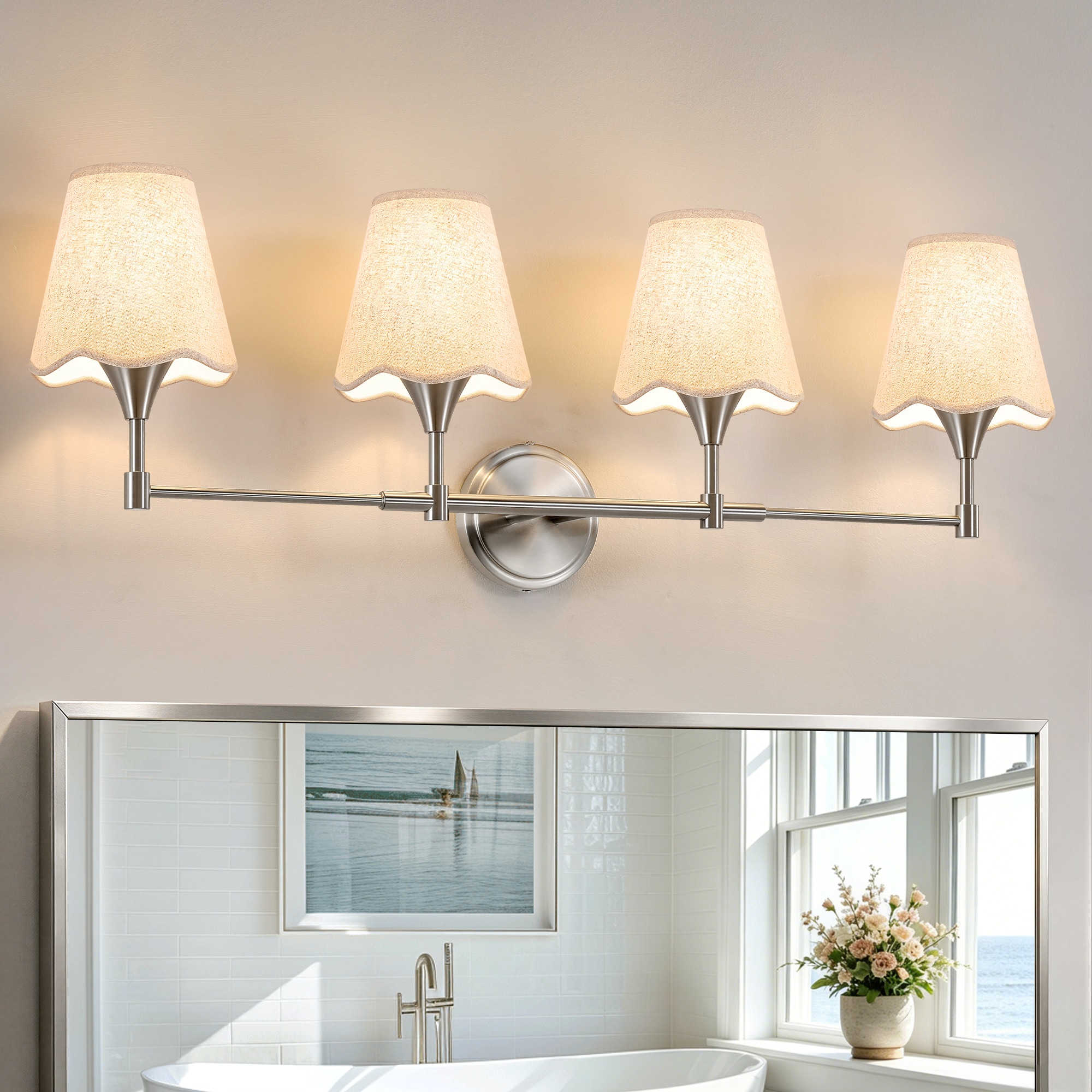 KAISITE - 4-Light 35 in Brushed Nickel Bathroom Vanity Light Fixture with Fabric Shades for Bathr...