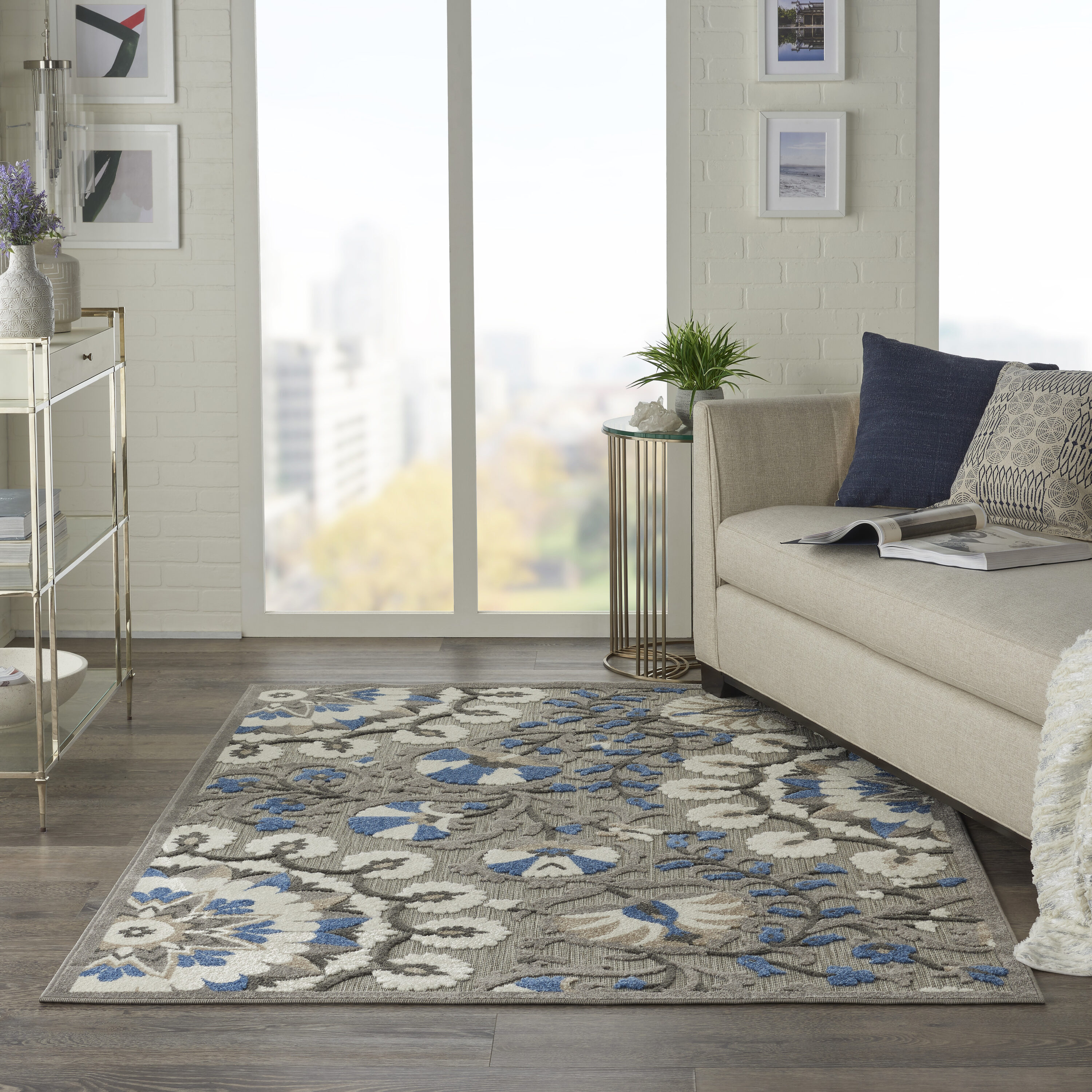 Nourison 99446739506 Aloha 5 x 8 (ft) Loomed Polypropylene Grey/multicolor Rectangular Indoor/Outdoor Floral/Botanical Coastal Area rug