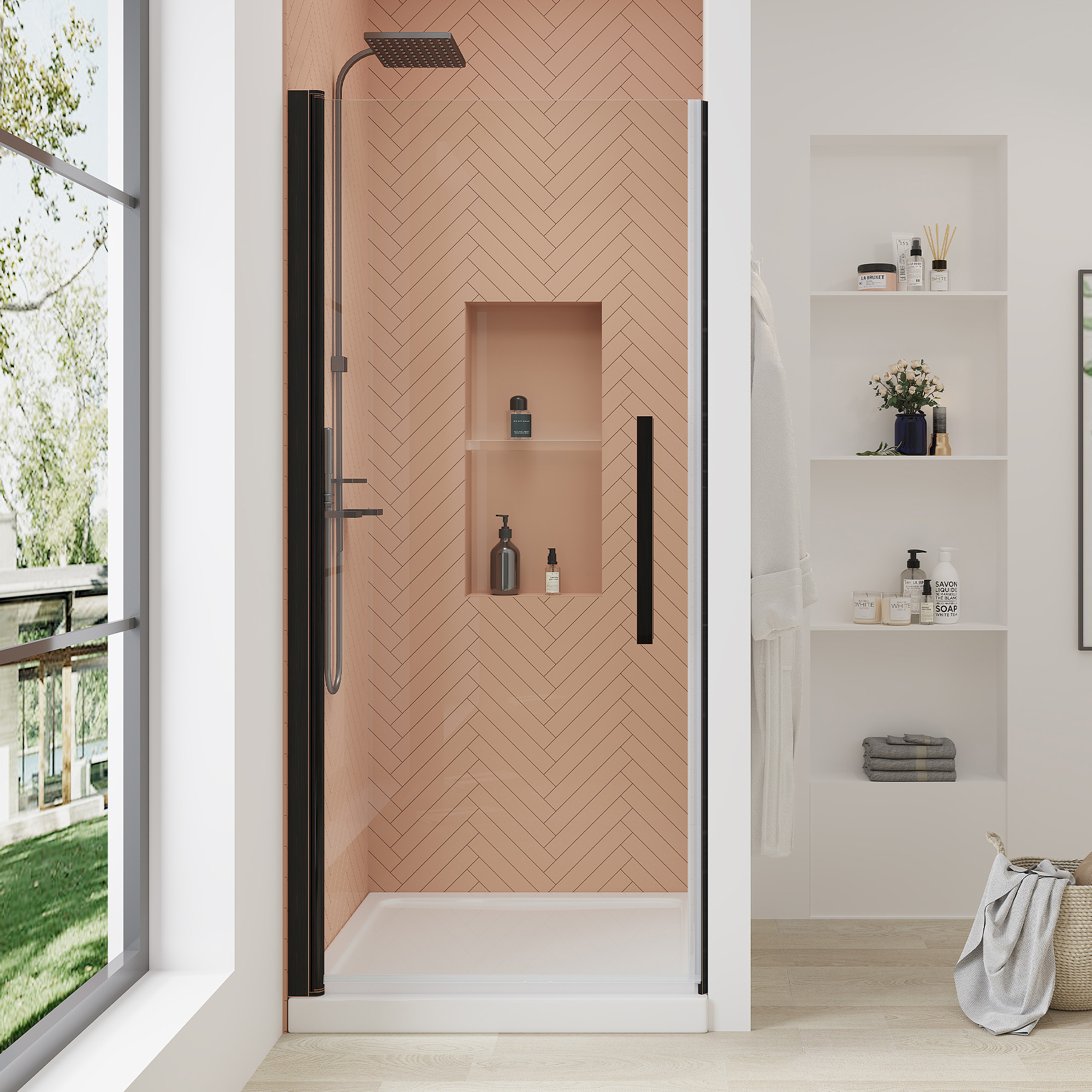 OVE Decors 828796062497 Pasadena 34-in W x 32-in L x 75-in H Rectangular Alcove shower kit ( Center Drain) Base and Door Included Oil rubbed bronze Hardware Included