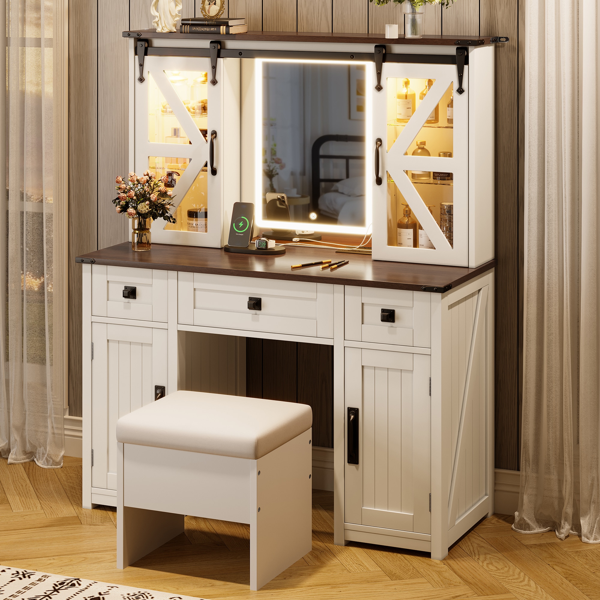 ModernLuxe L3P-N704P328548A 43.3inch Farmhouse Makeup Vanity Desk with Lighted Mirror Vanity Table Set with Storage Stool and Charging Station Dressing Table with Sliding Barn Door Hidden Shelves 3 Drawers 4 Cabinets Beige