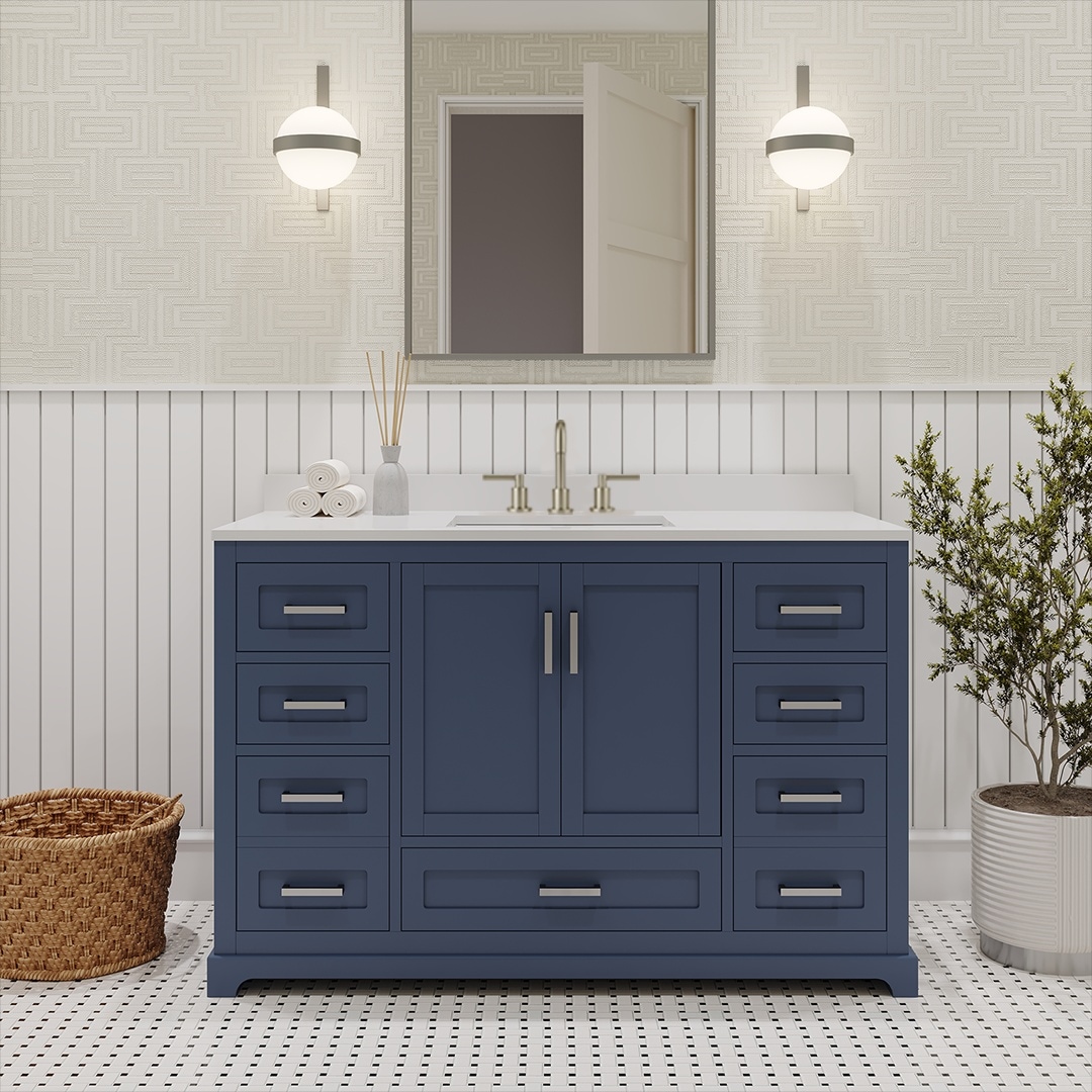 Ayna Decors Maya 48-in Navy Blue Undermount Single Sink Bathroom Vanity with White Quartz Top (Fully Assembled)