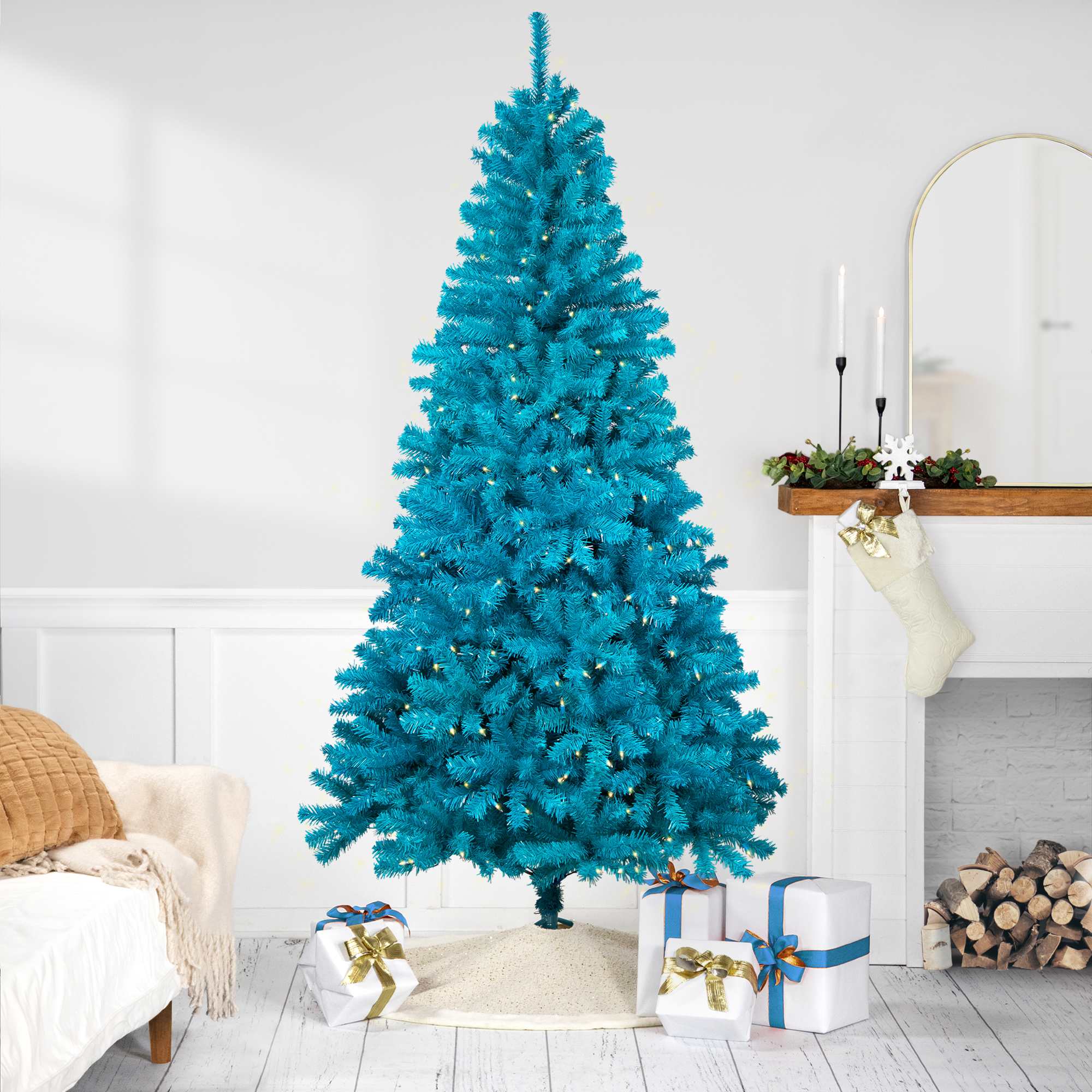 Northlight Pre-Lit Medium Artificial Pine Christmas Tree - 7 feet - Turquoise - Clear Lights