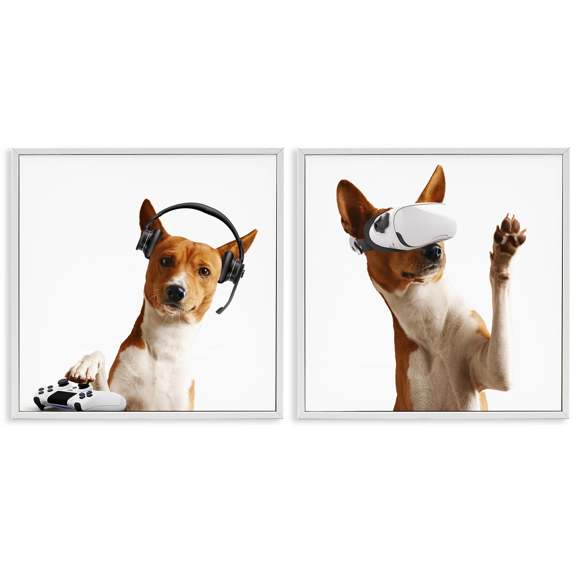 Stupell Industries B2-747-WFR-2PC-17X17 Video Game Dogs with VR 2 Piece White Framed Giclee Art Set By CAD Design 17 x 17