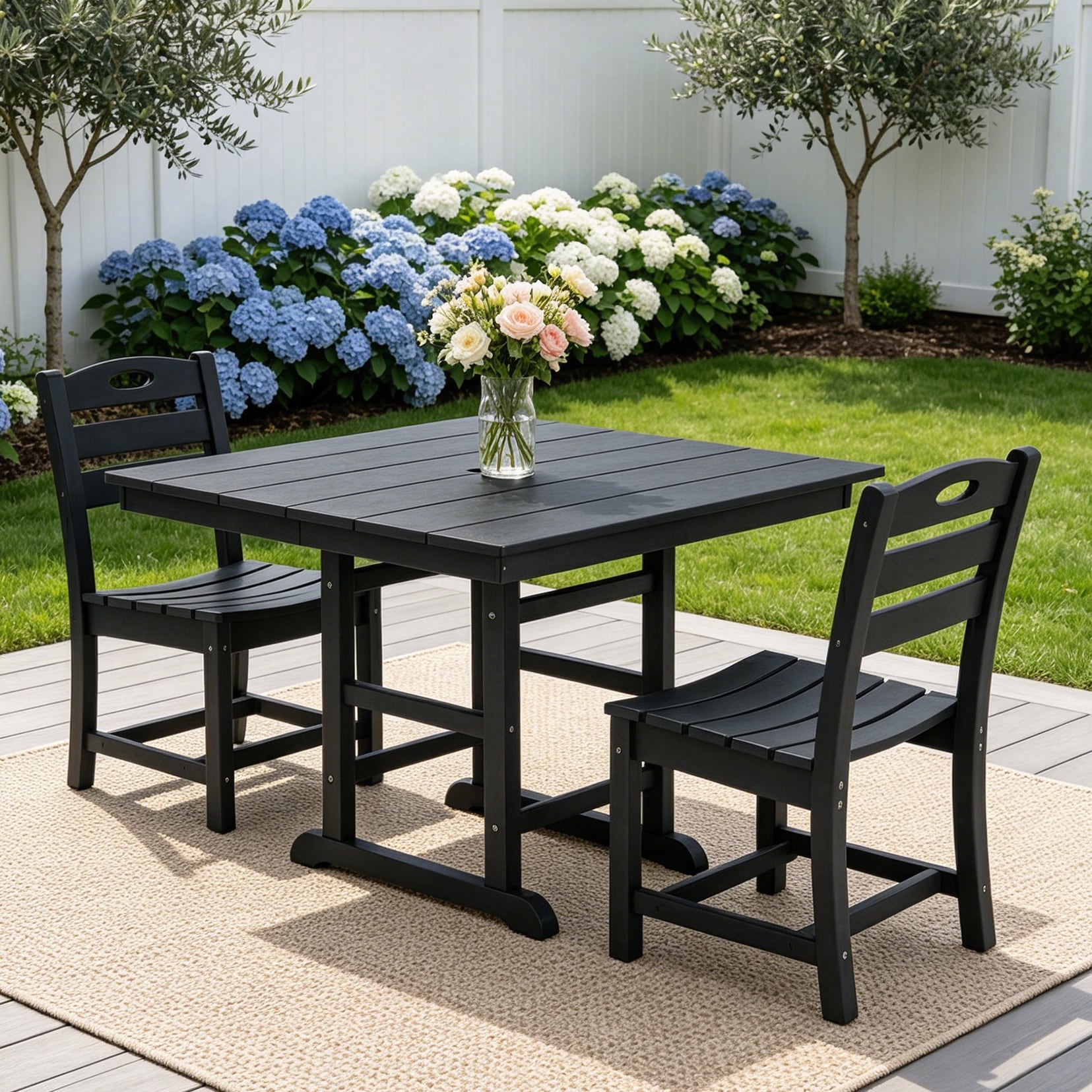 Hrinhom Patio Dining Set 3 -Piece Black Patio Dining Set HDPE Square Table with 2 Stationary Chairs