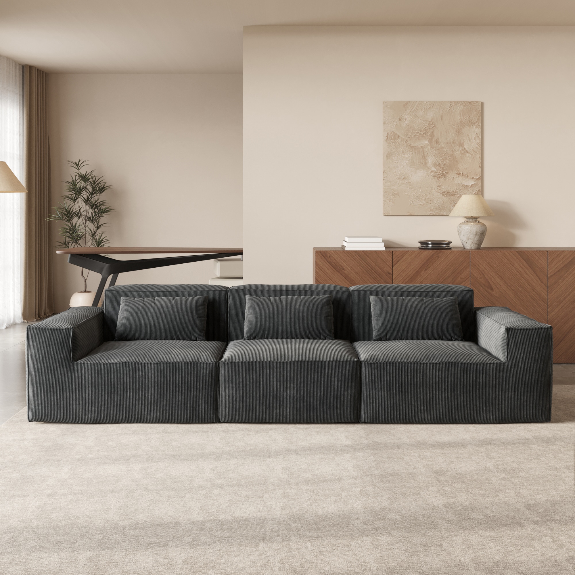 BuotiqHom DH-SF3-130BK 118-in Modern Black Velvet 3 -seater Loveseat