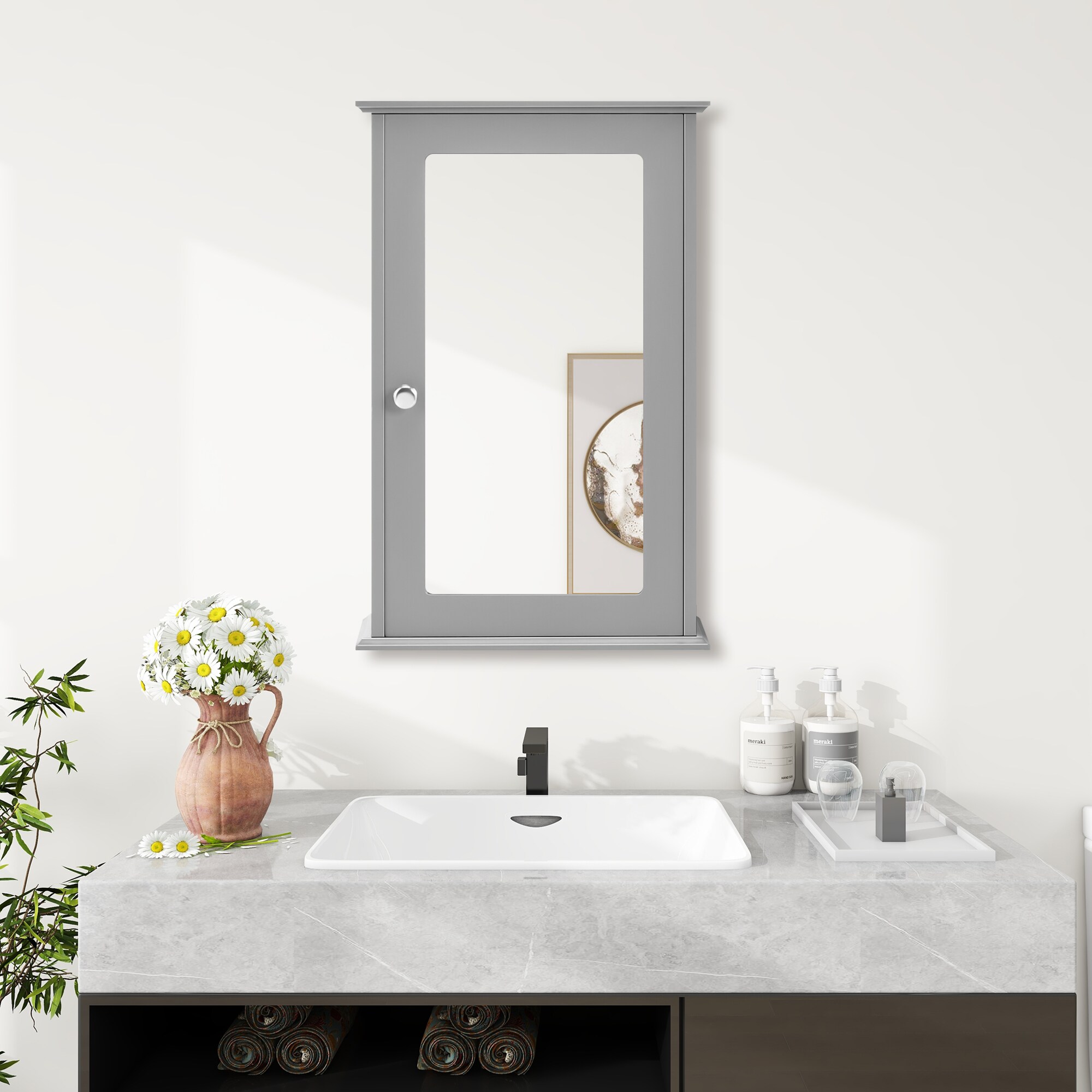 WELLFOR 13.5 in. W x 21 in. H Rectangular Gray MDF Surface Mount Medicine Cabinet with Mirror Door