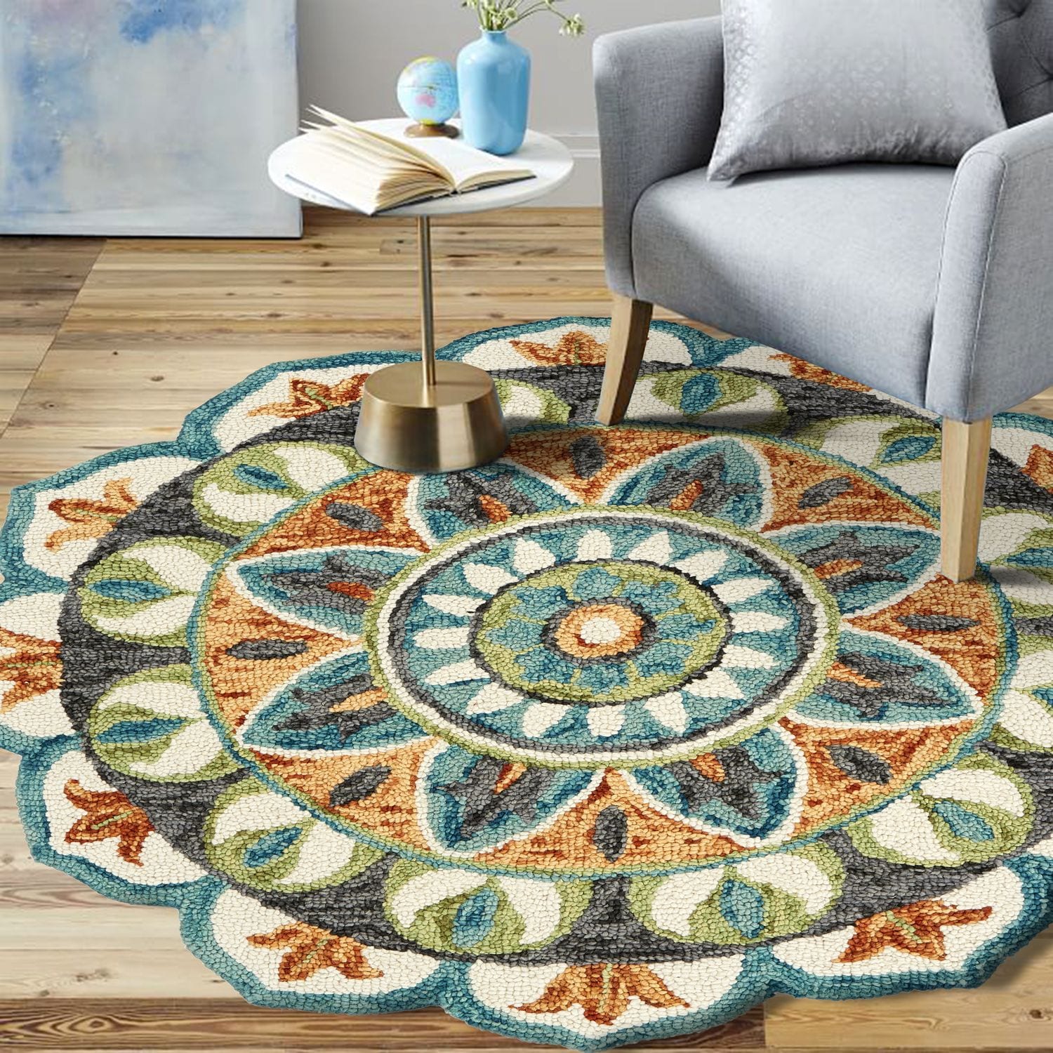 LR Home 6944A8984934J8 4 X 4 (ft) Wool Teal / Green Round Indoor Geometric Area Rug