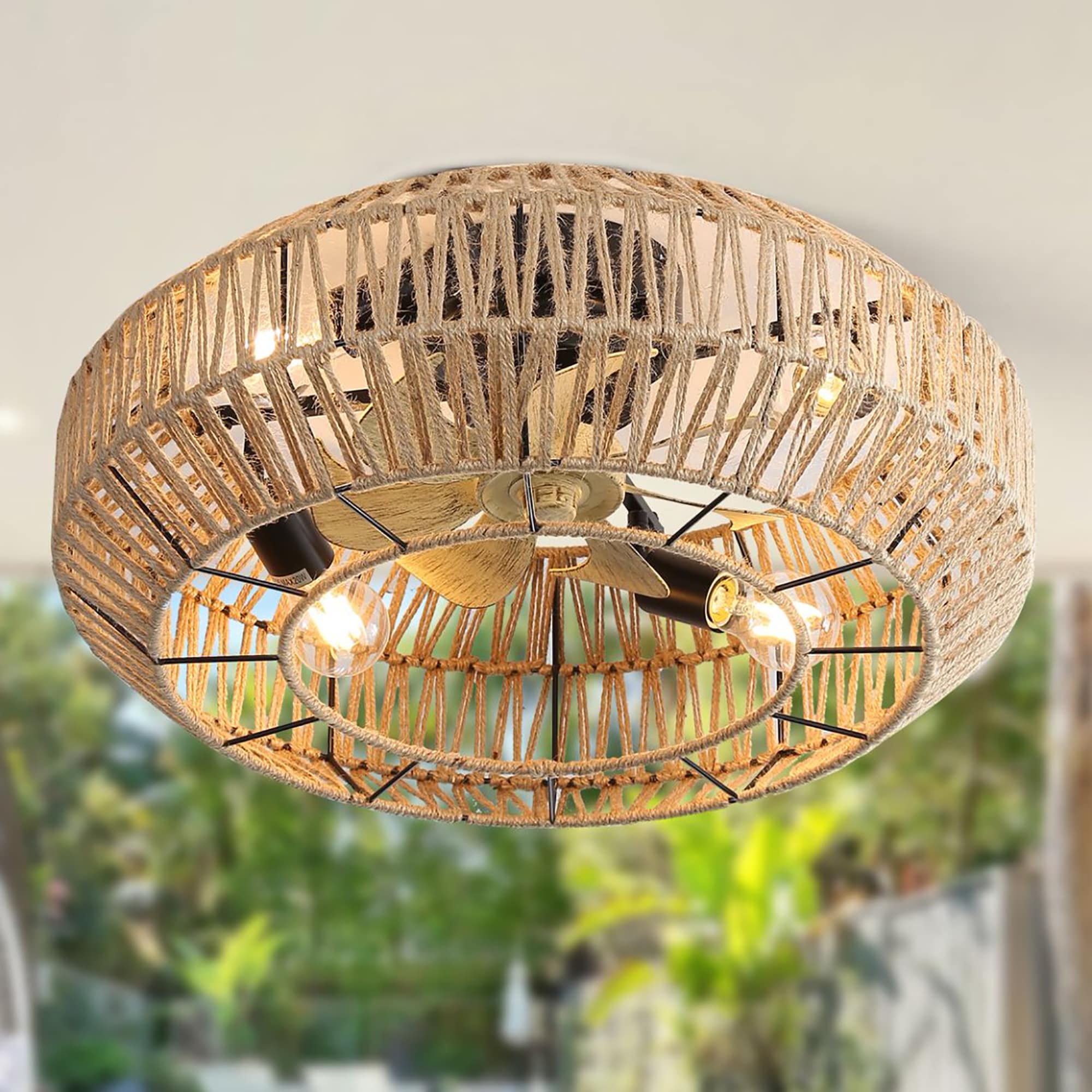 Fun Orange FUNQ3CF05 Farmhouse Rustic 22-in Outdoor Flush Mount Brown with Brown Blades Cage Ceiling Fan With Light - Remote Included ( 7 -Blade )