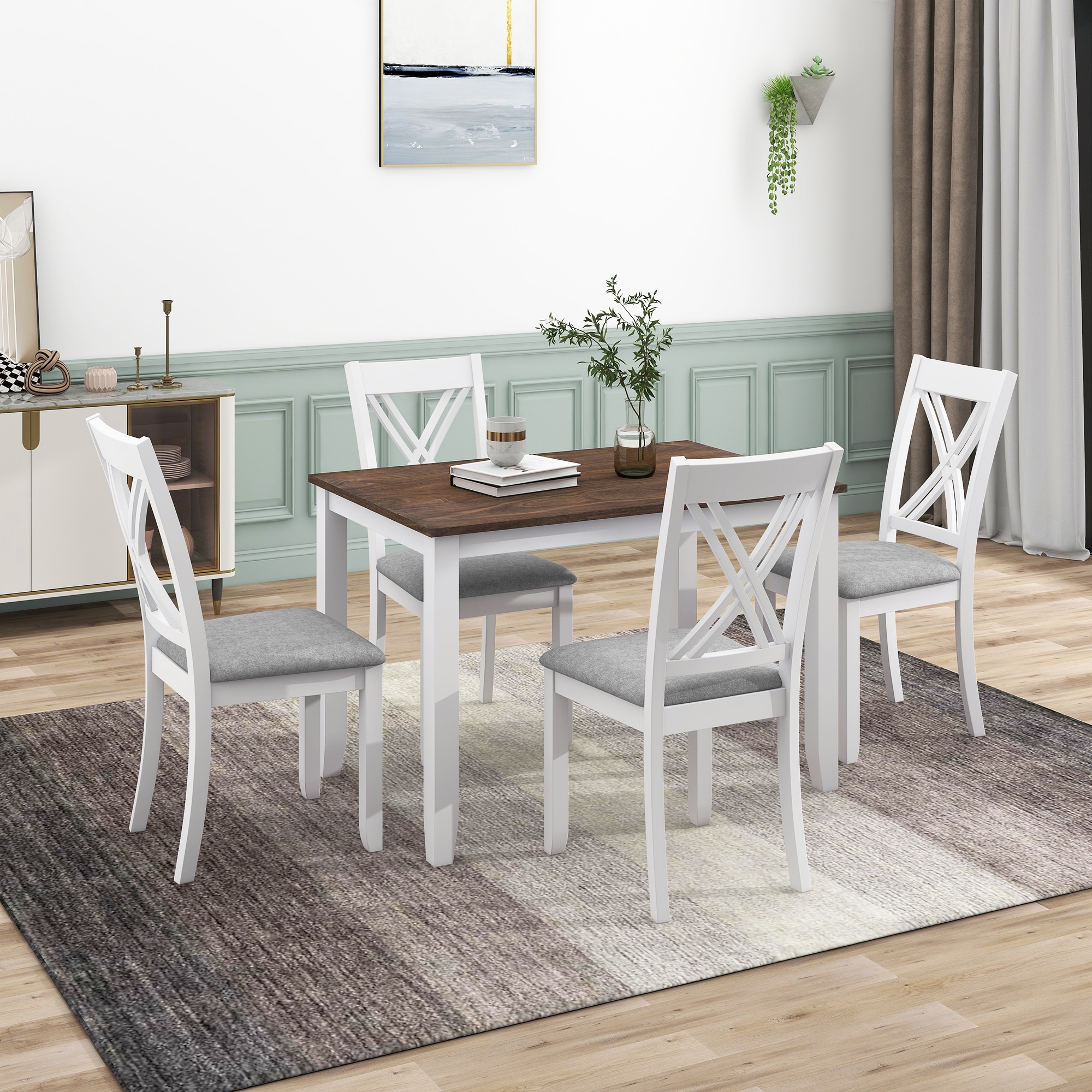ModernLuxe SH000253AAK Rustic Minimalist Wood 5 Piece Dining Table Set with 4 Back Chairs for Small PlacesWhite