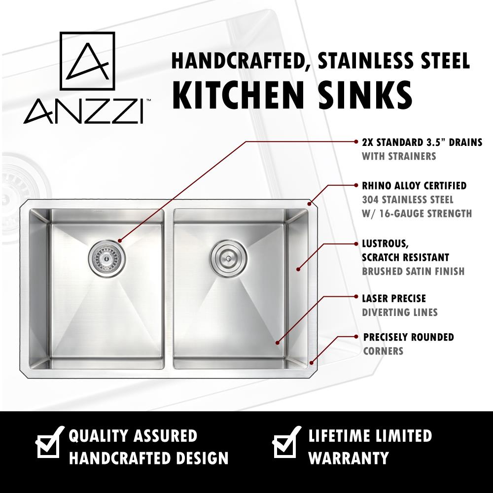 ANZZI Vanguard Undermount 32-in x 19-in Satin Double Equal Bowl 