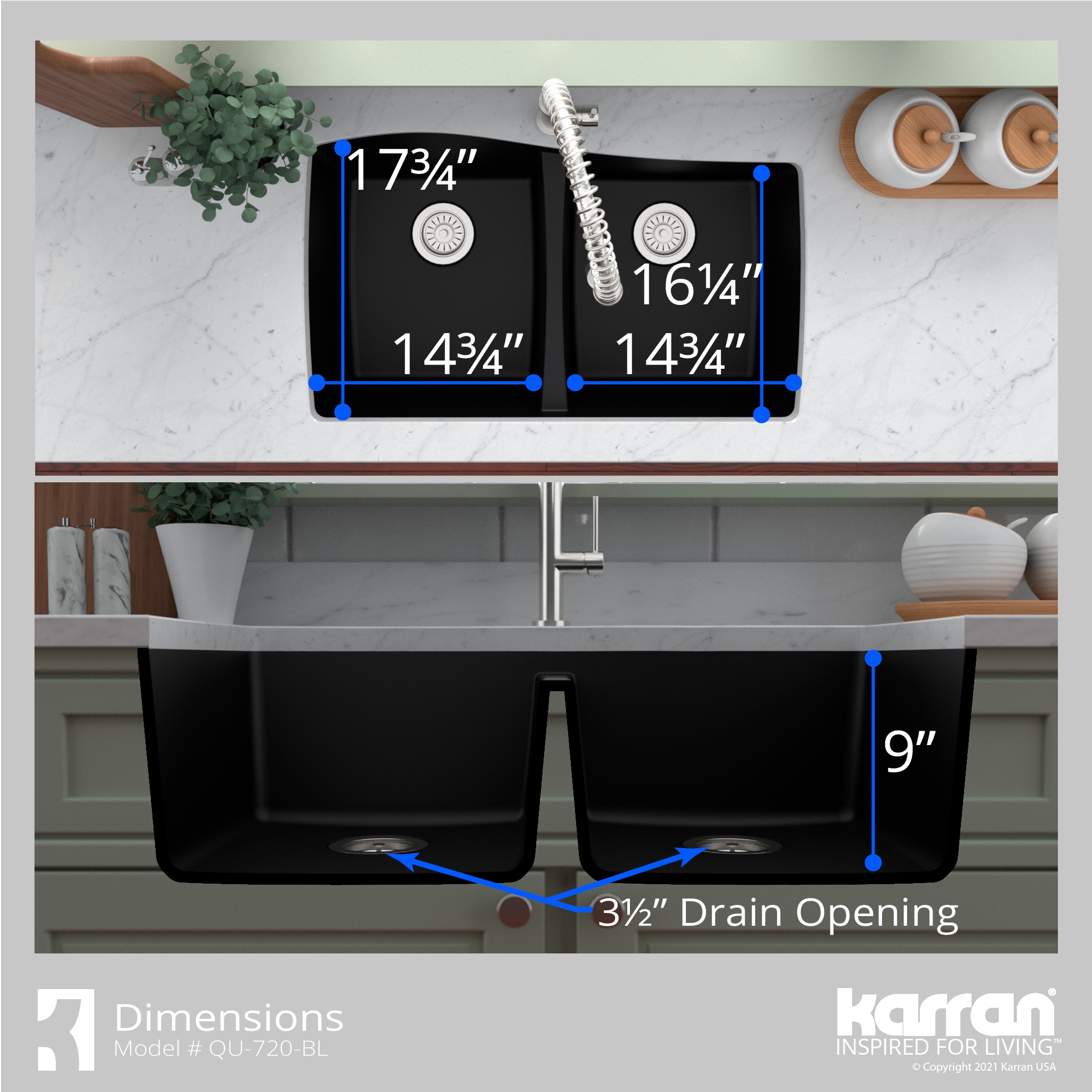 Karran Undermount 33.5-in X 20.375-in Black Quartz Double Equal Bowl 