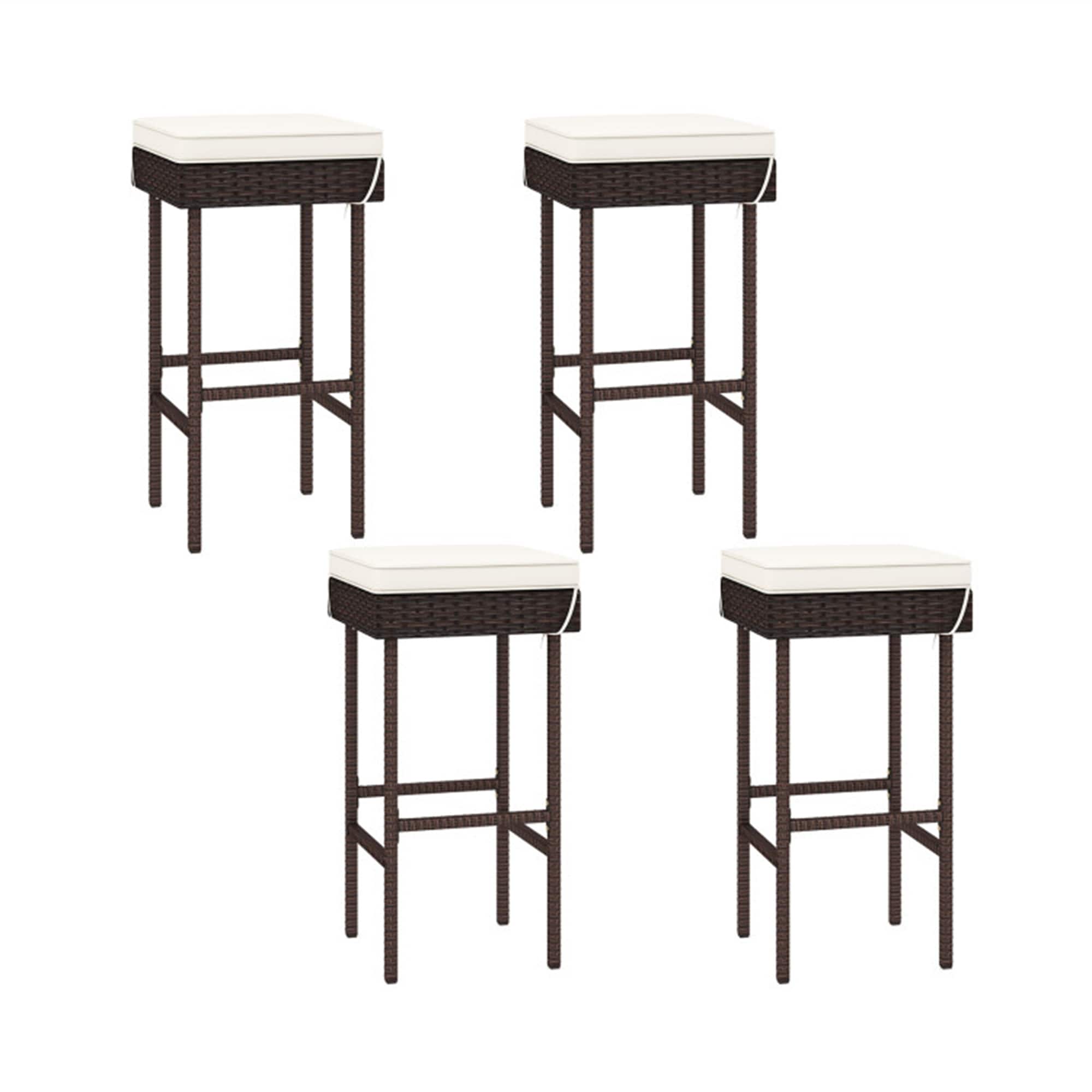 BABOOM BOM-72311-4-CO Outdoor Chair Set of 4 Rattan Mix Brown Rattan Frame Stationary Bar Stool Chair with Off-white Polyester Cushioned Seat