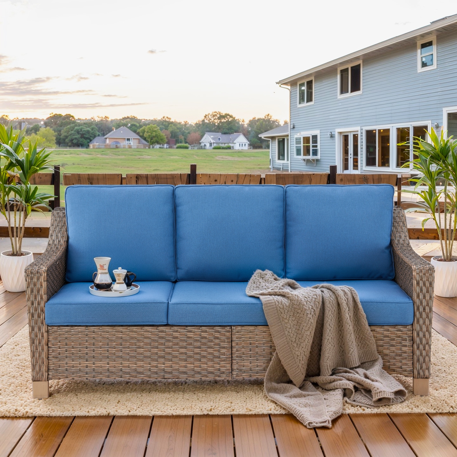  PALRBR13-1S PASOFA-T Wicker Outdoor Sofa with Navy Cushions and Steel Frame