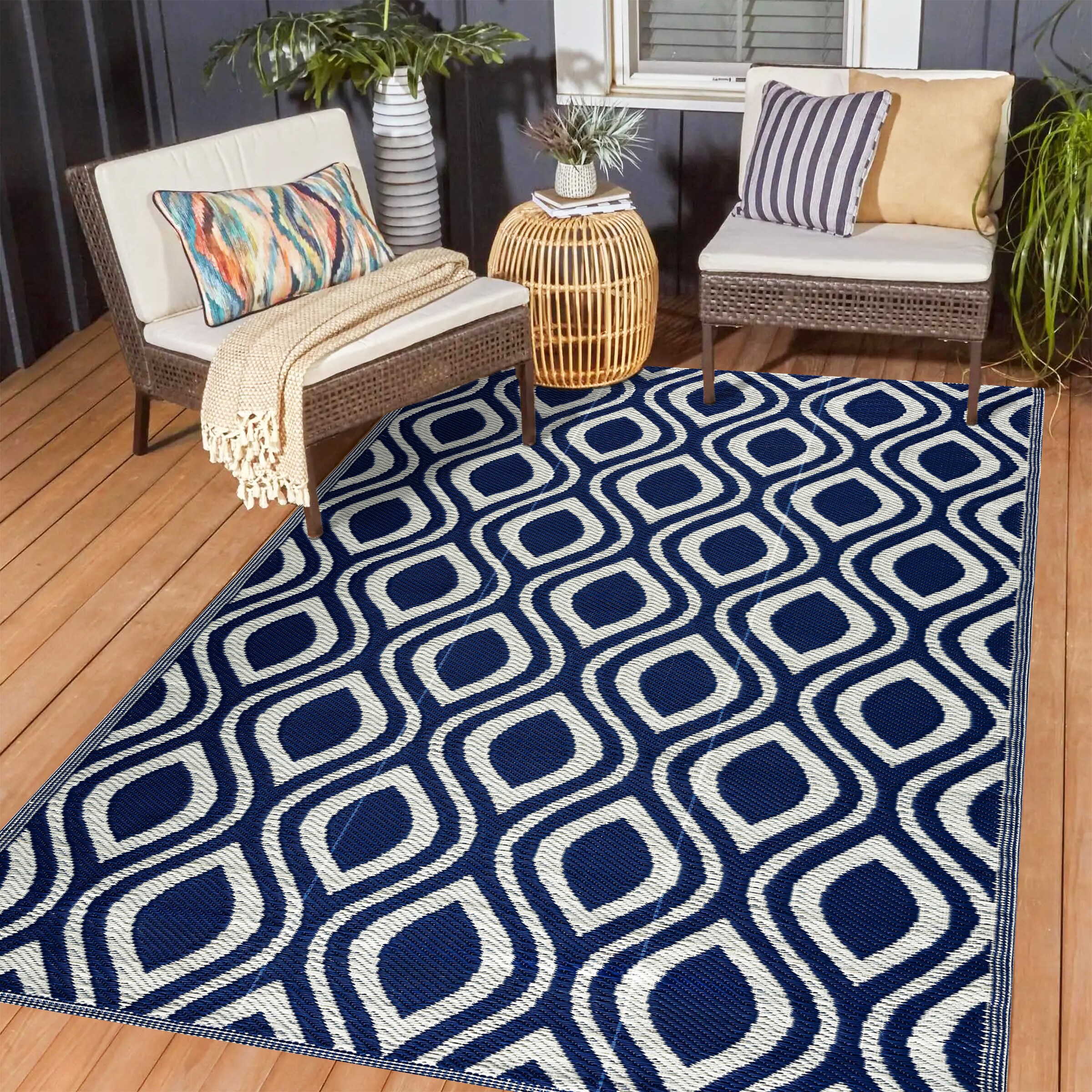 Playa Rug PLY-F-VNC-NC-10X14 10 x 14 (ft) Knotted Polypropylene Venice-NavyWhite Rectangular Indoor/Outdoor Geometric Area rug