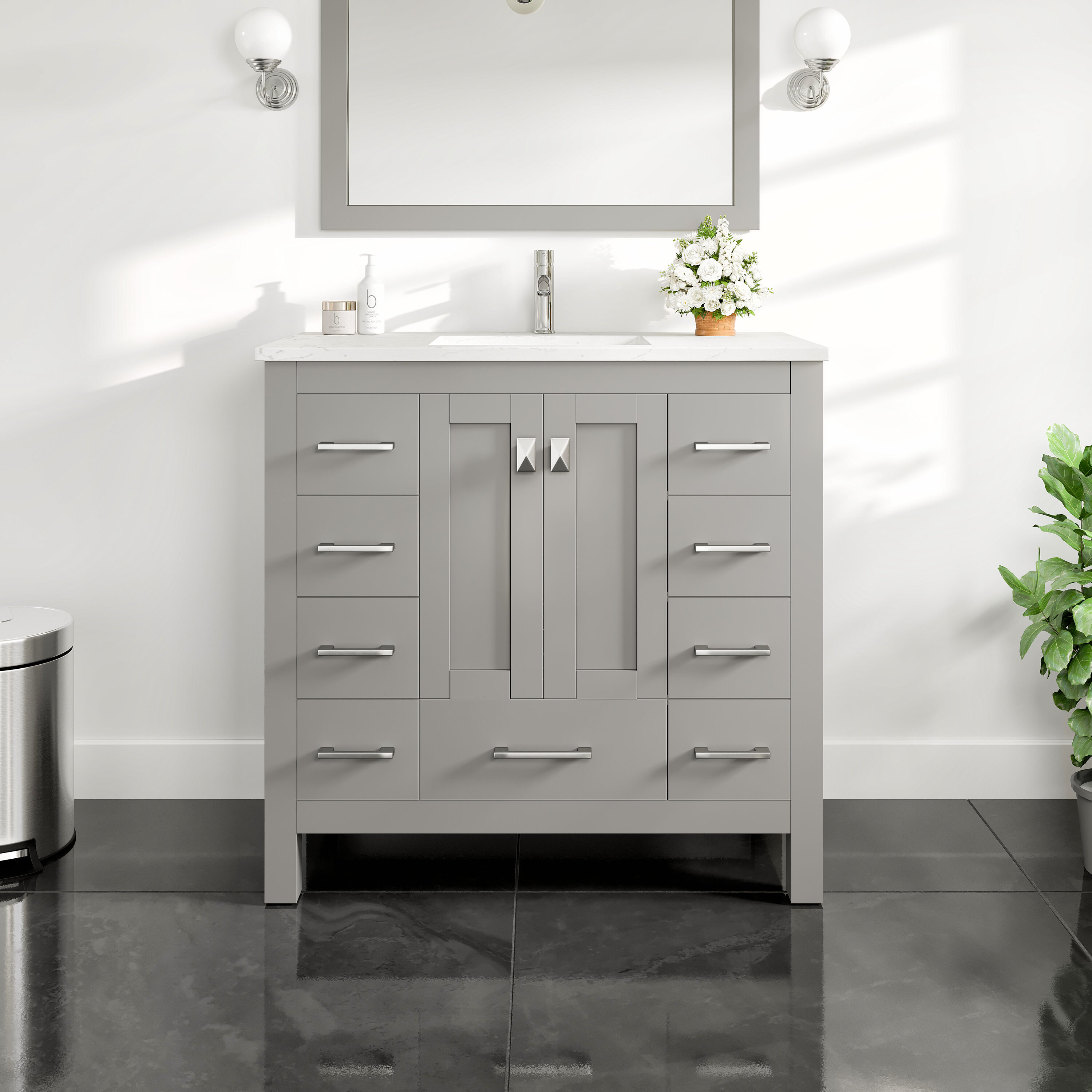 Eviva EVVN411-36X18GQ Hampton 36-in Gray Undermount Single Sink Bathroom Vanity with White Quartz Top