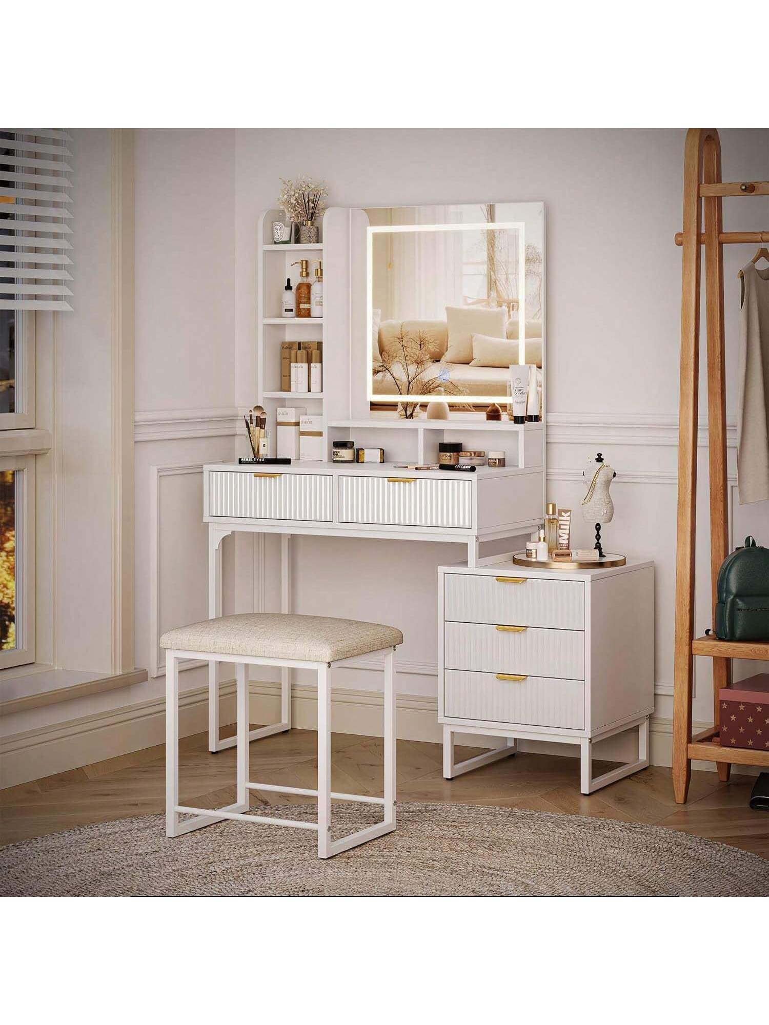 Qeetex PHO-14UL4TP6-HF4 Vanity Desk. Makeup Vanity With Lighted Mirror. Makeup Vanity Desk With Adjustable Lights. Makeup Desk With 5 Large Drawers. White Vanity With HD Lighted Mirror And 4 Tiers Open Shelves (White and Gold - Gold Stool)