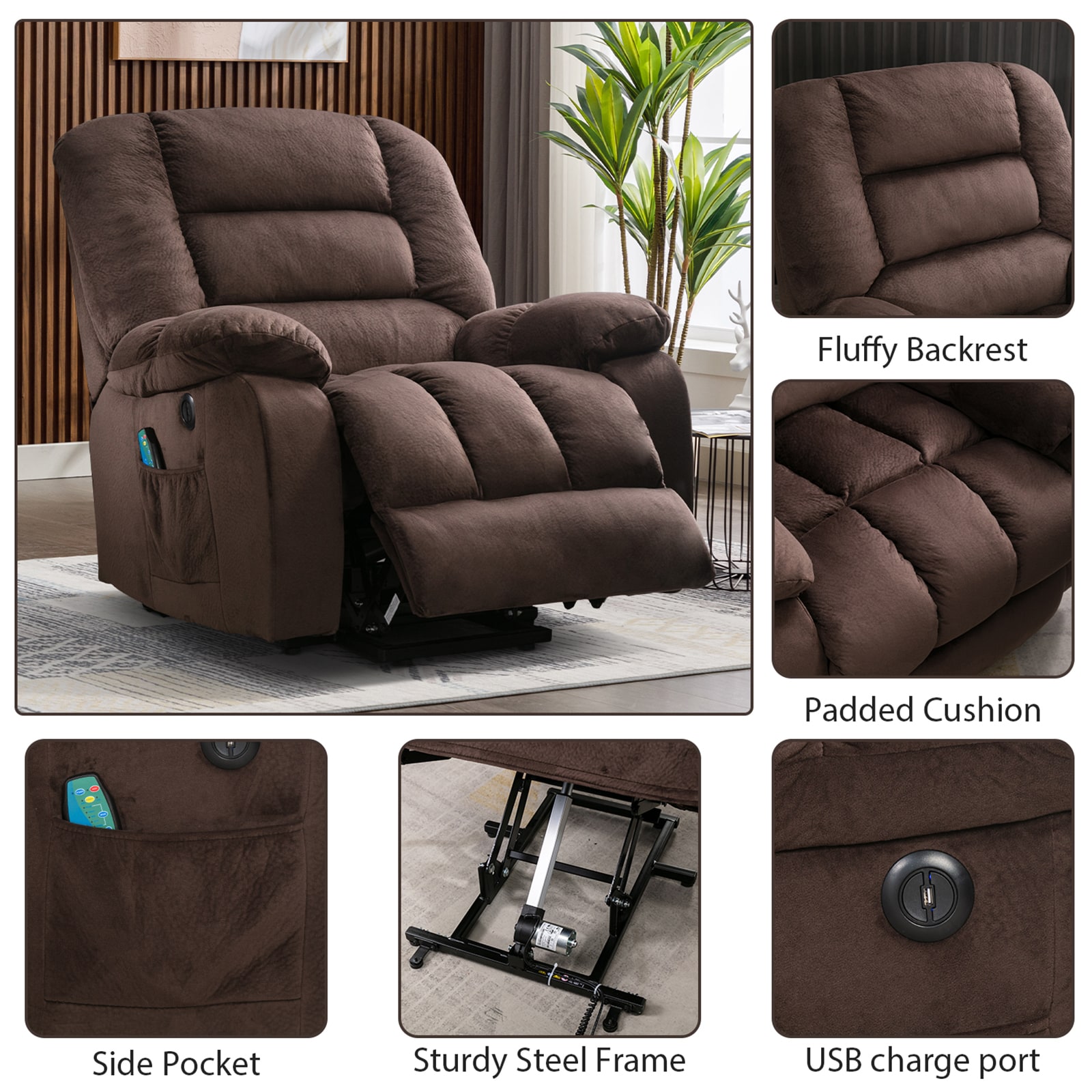 Canmov CL0525A001 Brown Velvet Powered Reclining Recliner with Lift ...