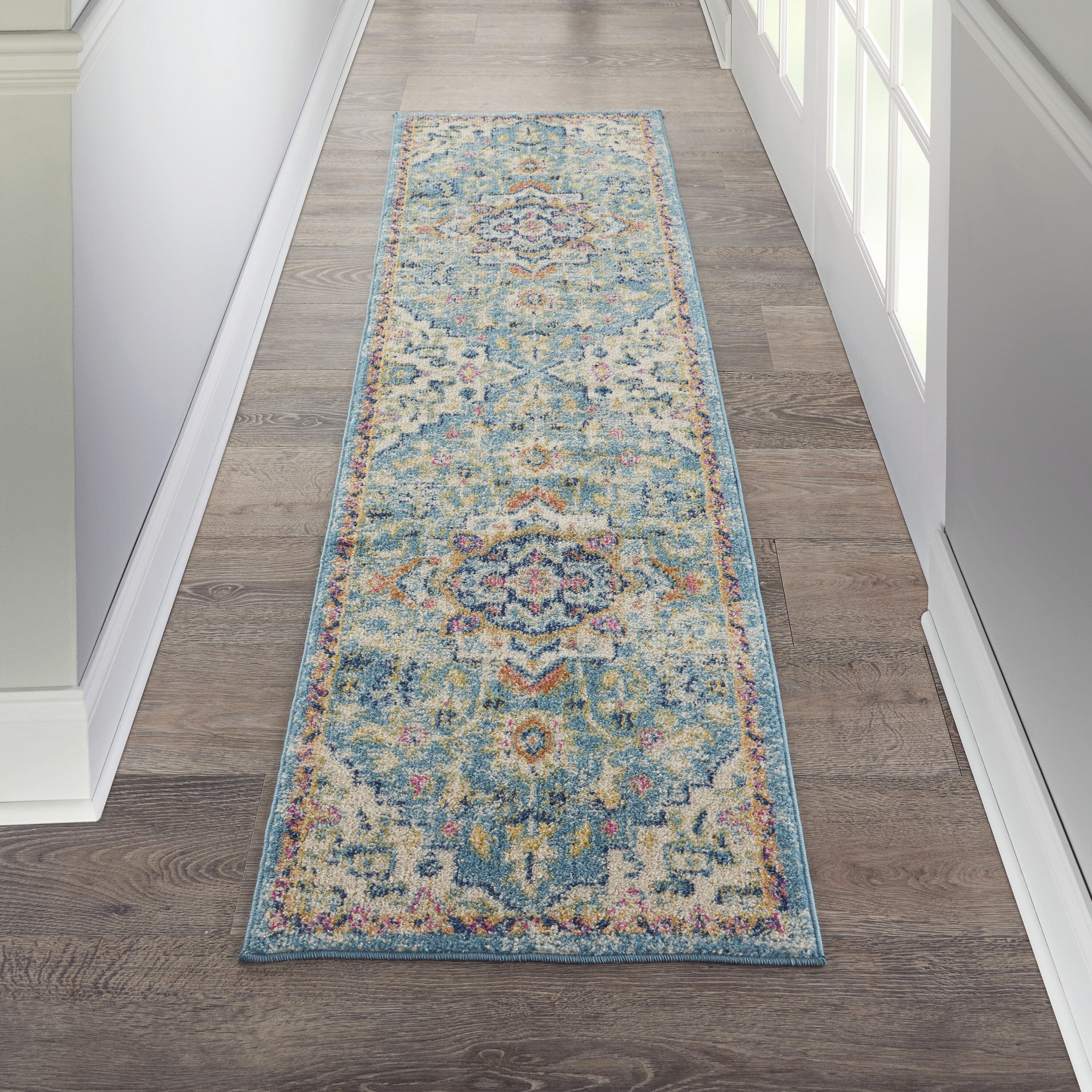 Nourison 99446747846 Passion 2 x 6 (ft) Loomed Polypropylene Ivory/light blue Irregular Indoor Abstract Runner rug