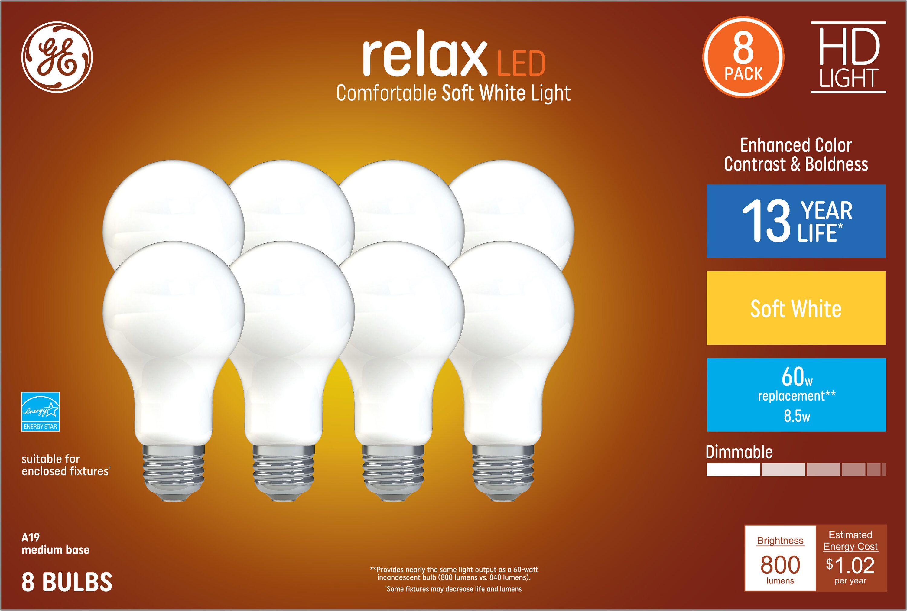 Faktura forfængelighed Intim GE Relax 60-Watt EQ A19 Soft White Medium Base (E-26) Dimmable LED Light  Bulb (8-Pack) in the General Purpose Light Bulbs department at Lowes.com