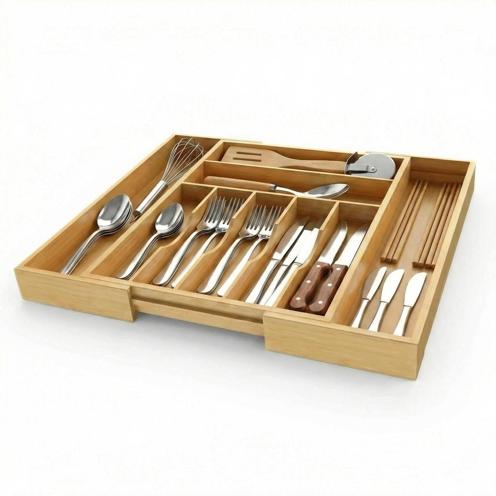 KIWDZFU  Expandable Bamboo Silverware Drawer Organizer Extra Wide 9 Compartment Cutlery Tray Large Utensil Holder Kitchen Divider for Flatware