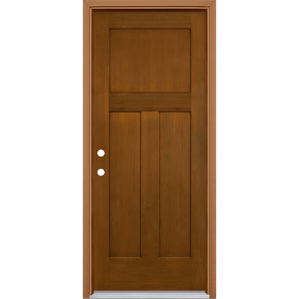 Masonite 6273 32-in x 80-in x 4-9/16-in Fiberglass No glass Right-hand inswing Woodhaven Stained Prehung Front Door with Brickmould Insulating core