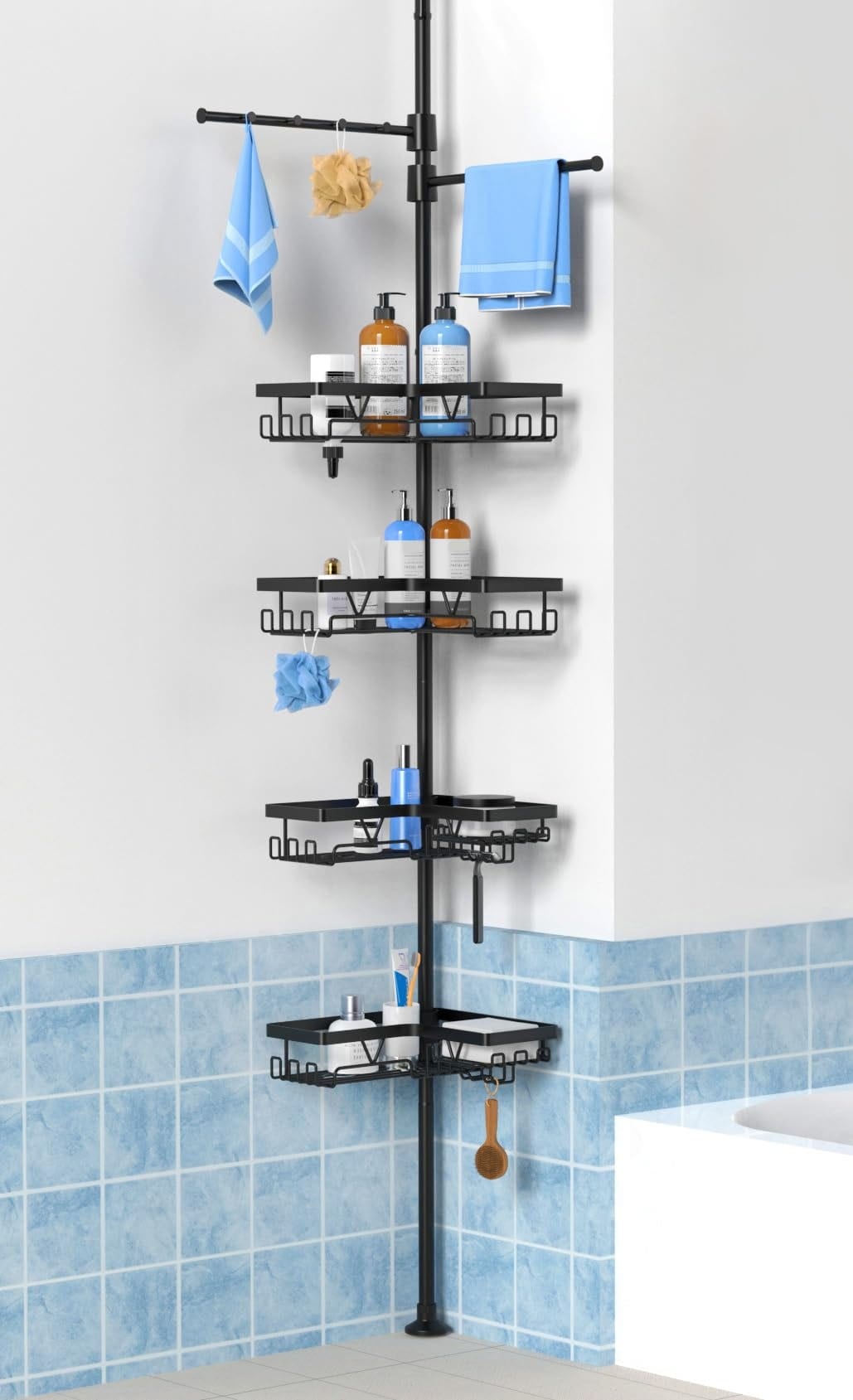 Anqtovp Black Shower Caddy Tension Pole Adjustable Corner Bathroom Organizer with Two Towel Bars Built In Hooks Soap Holders Razor Slots #L05AN10094