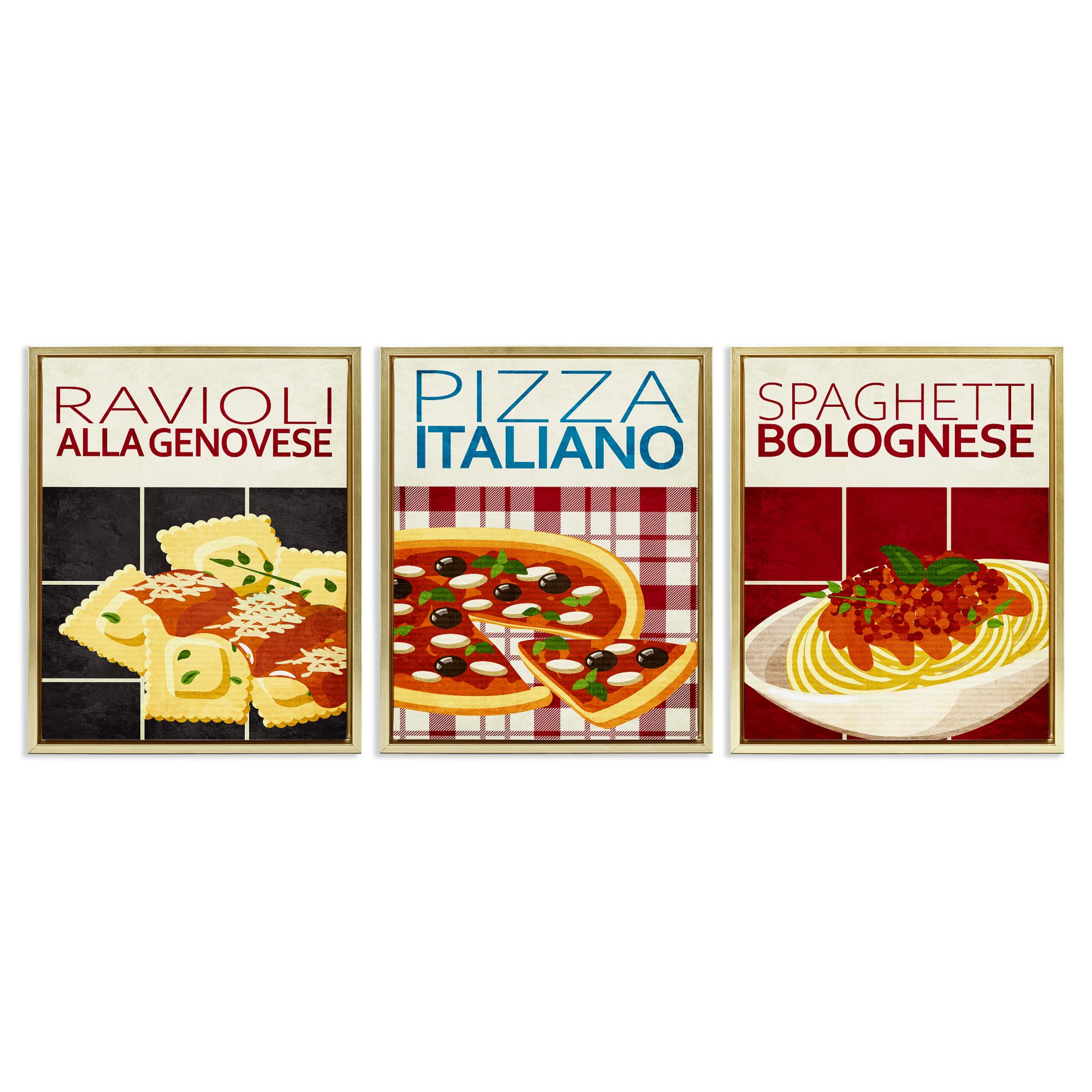 Stupell Industries A3-454-FFG-3PC-16X20 Classic Italian Pasta Meals 3 Piece Gold Framed Floater Canvas Set By Kim Allen 17 x 21