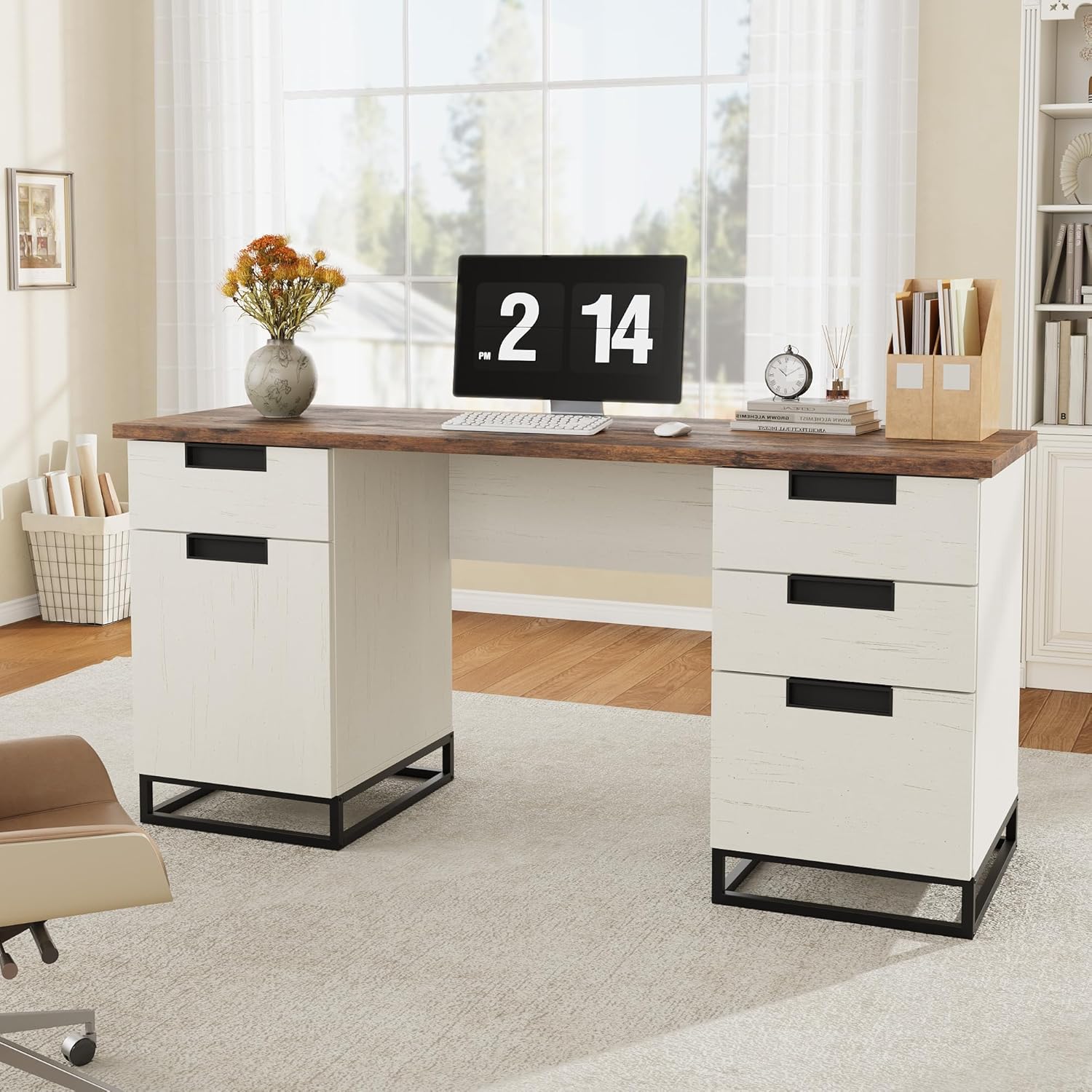 WhizMax 59 in Farmhouse Home Office Desk White Computer Desks with 4 Drawers and Storage Cabinet Wooden Writing Desks for Bedroom Home Office White and Brown