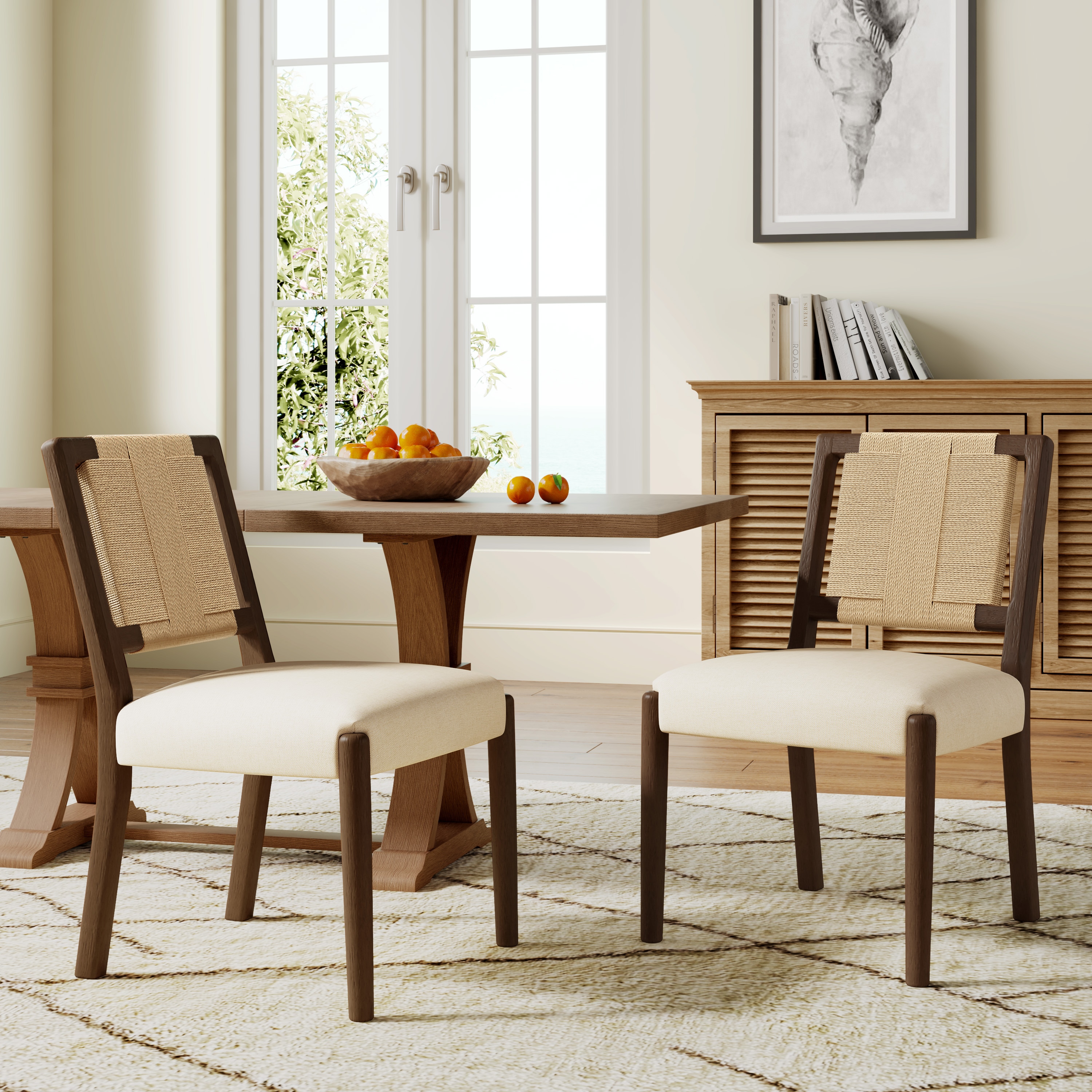 Christopher Knight Home Set of 2 Seaton Upholstered Dining Chairs with Woven Rope Backrest in Walnut and Beige