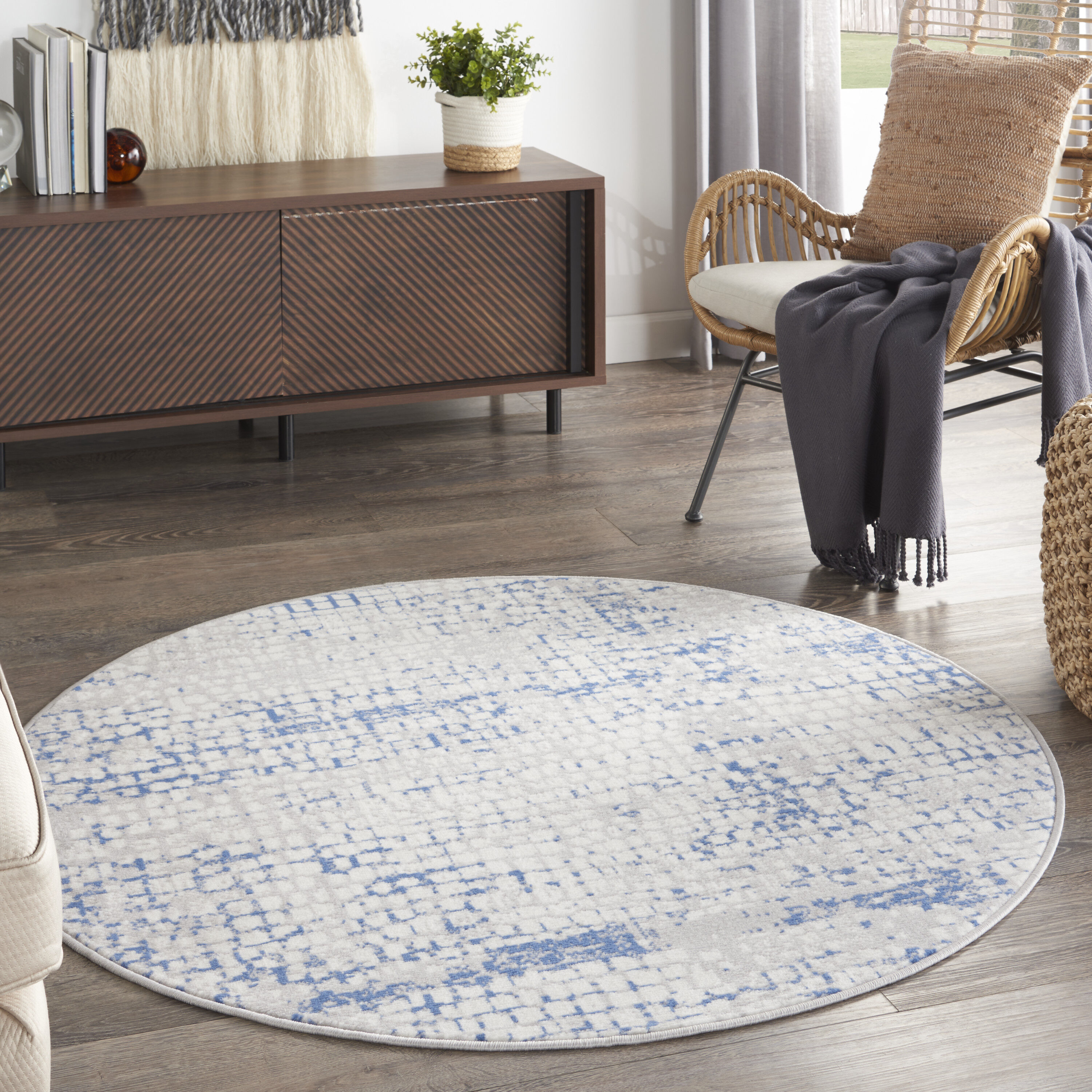 Nourison 99446832559 Whimsicle 5 x 5 (ft) Loomed Polypropylene Grey Blue Round Indoor Distressed/Overdyed Area rug