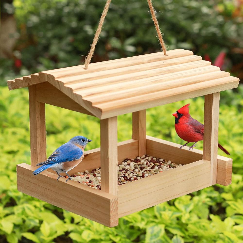 Misopily Wooden Bird Feeder 1 Piece Hanging Outdoor Platform