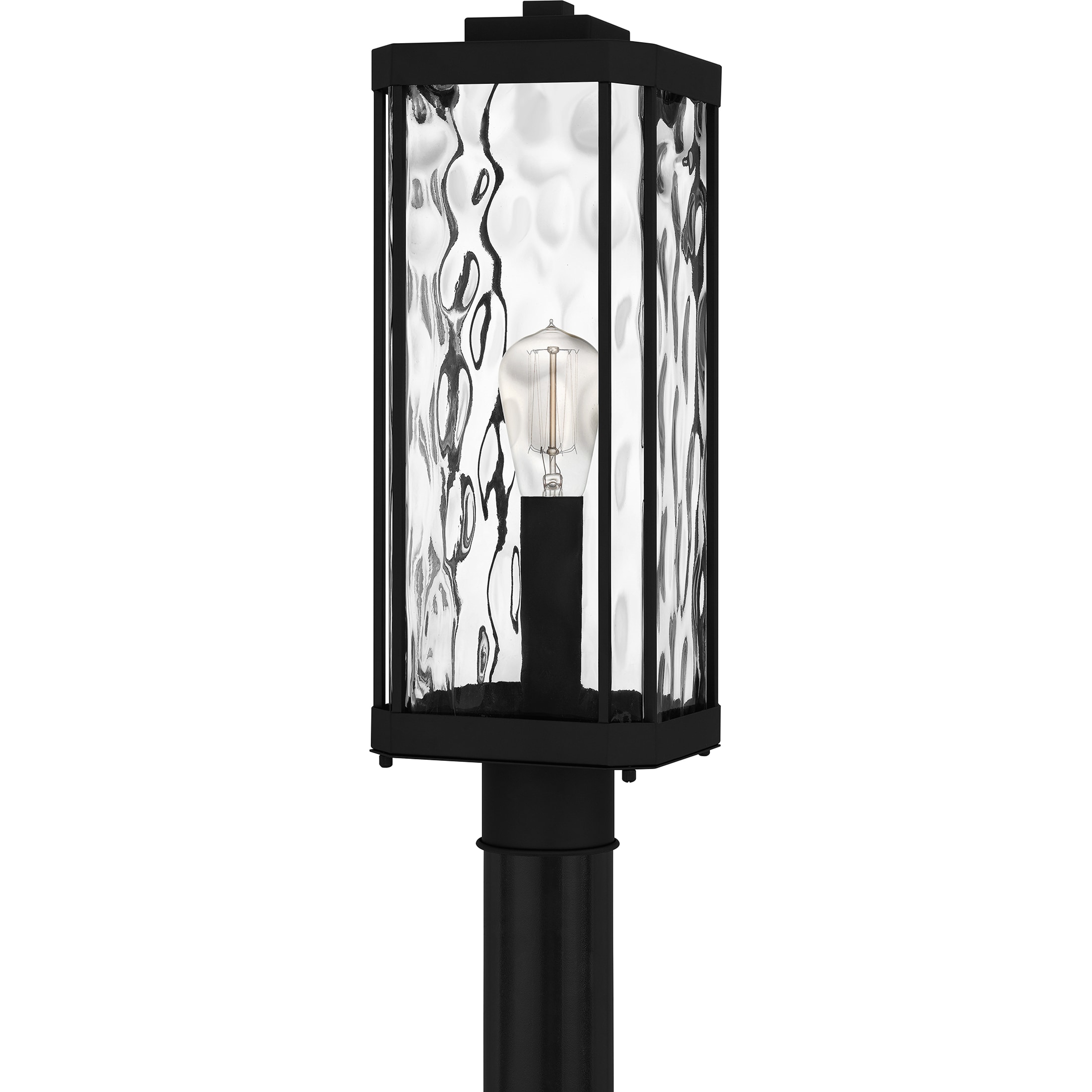 Matte Black Steel Outdoor Post Lantern with Clear Hammered Glass