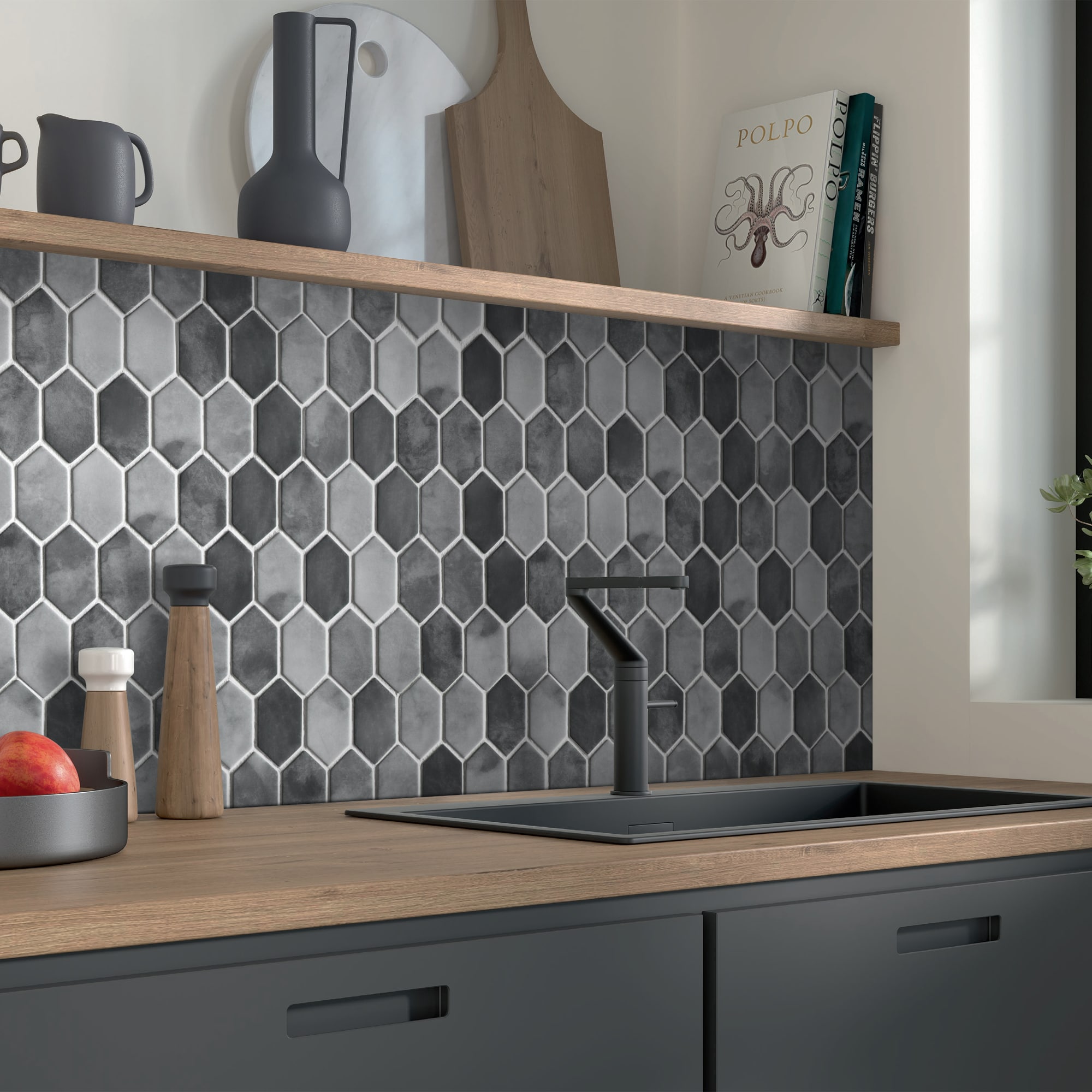 SUNWINGS Gray 10-in x 11-in Matte Recycled Glass Hexagon Marble Look ...