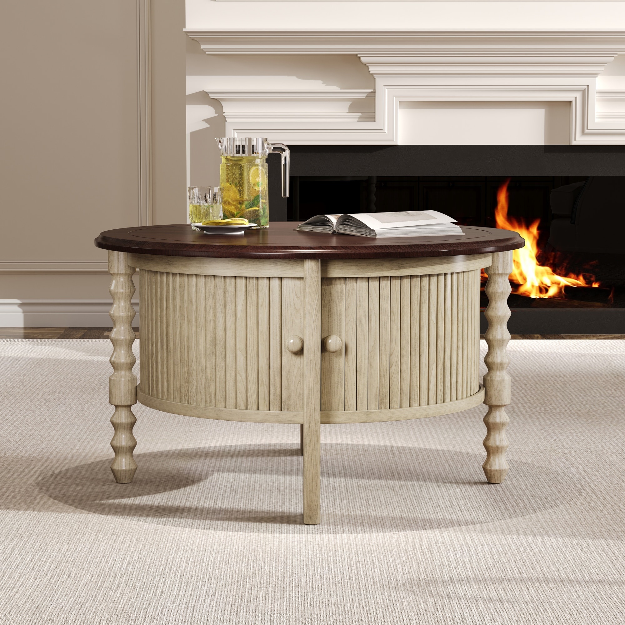 ModernLuxe L3P-N735P277387K Vintage Round Coffee Table with Storage in 30.3inch for Living Room Mid Century Modern Cocktail Table with Sliding Door Slatted Design Accent Table for Small Space Beige and Espresso