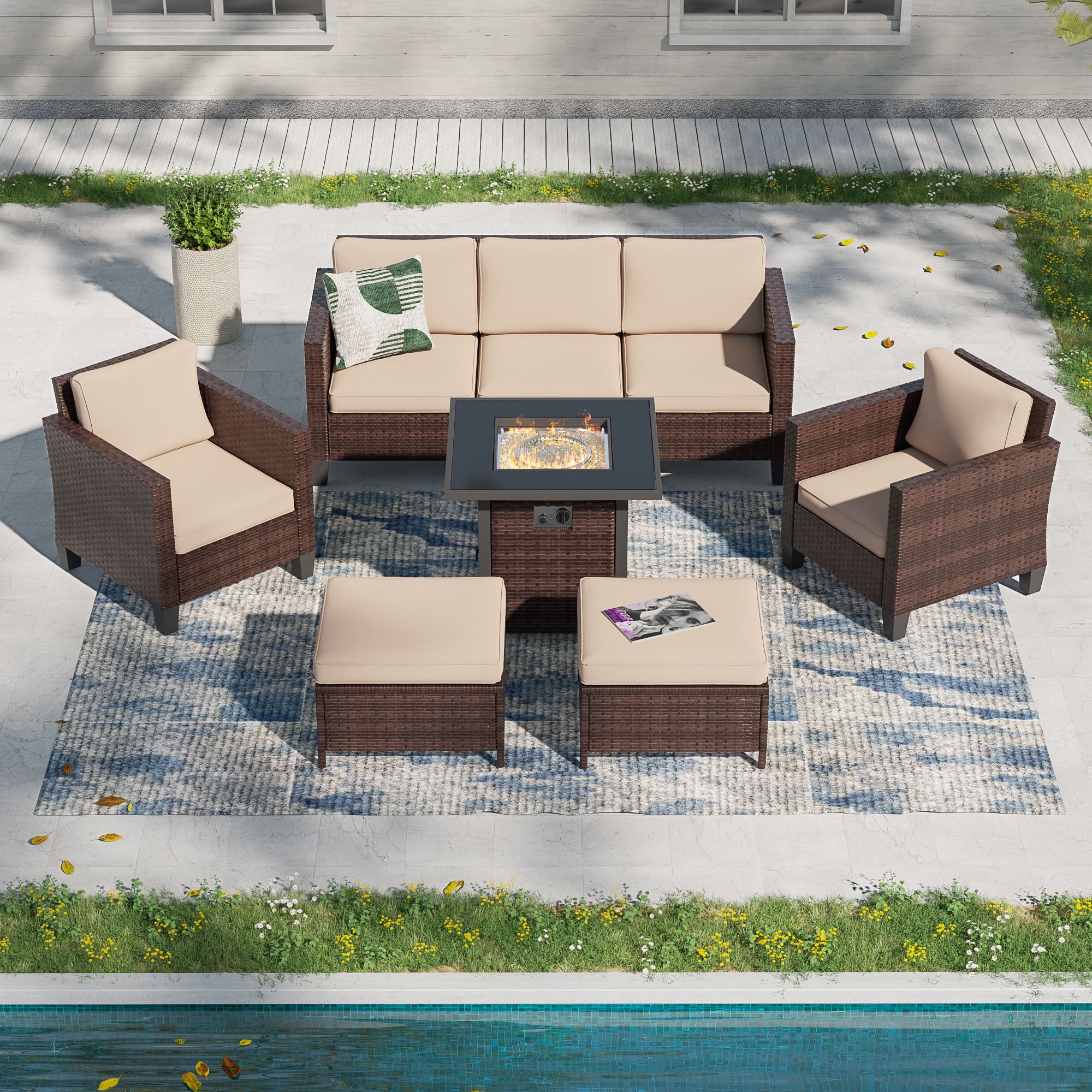 ACEGOSES LW-115BSD-T4 Skytop 6 -Piece Wicker Patio Sofa Conversation Set with Beige Cushions