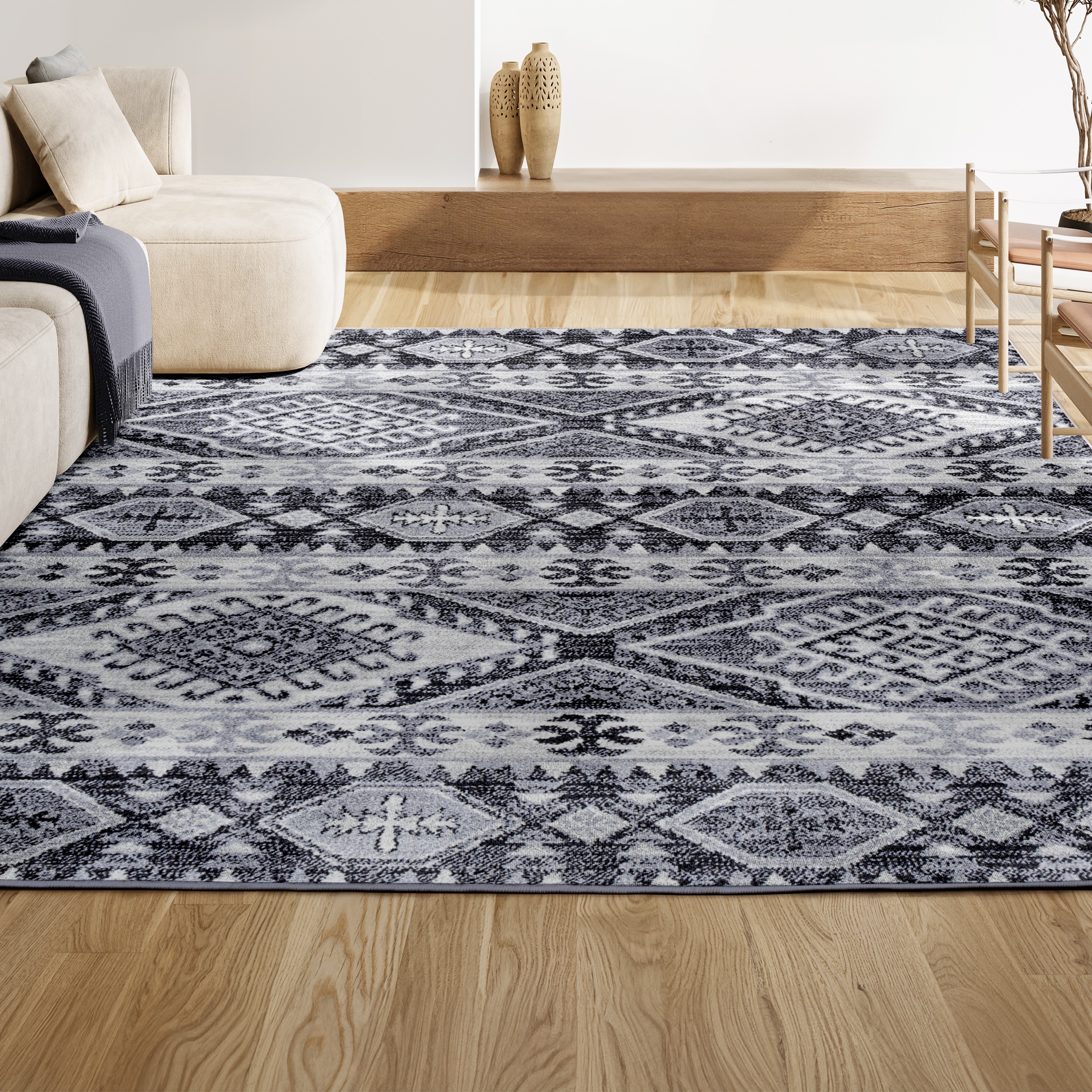 Charcoal and Ivory Distressed Geometric Synthetic Area Rug