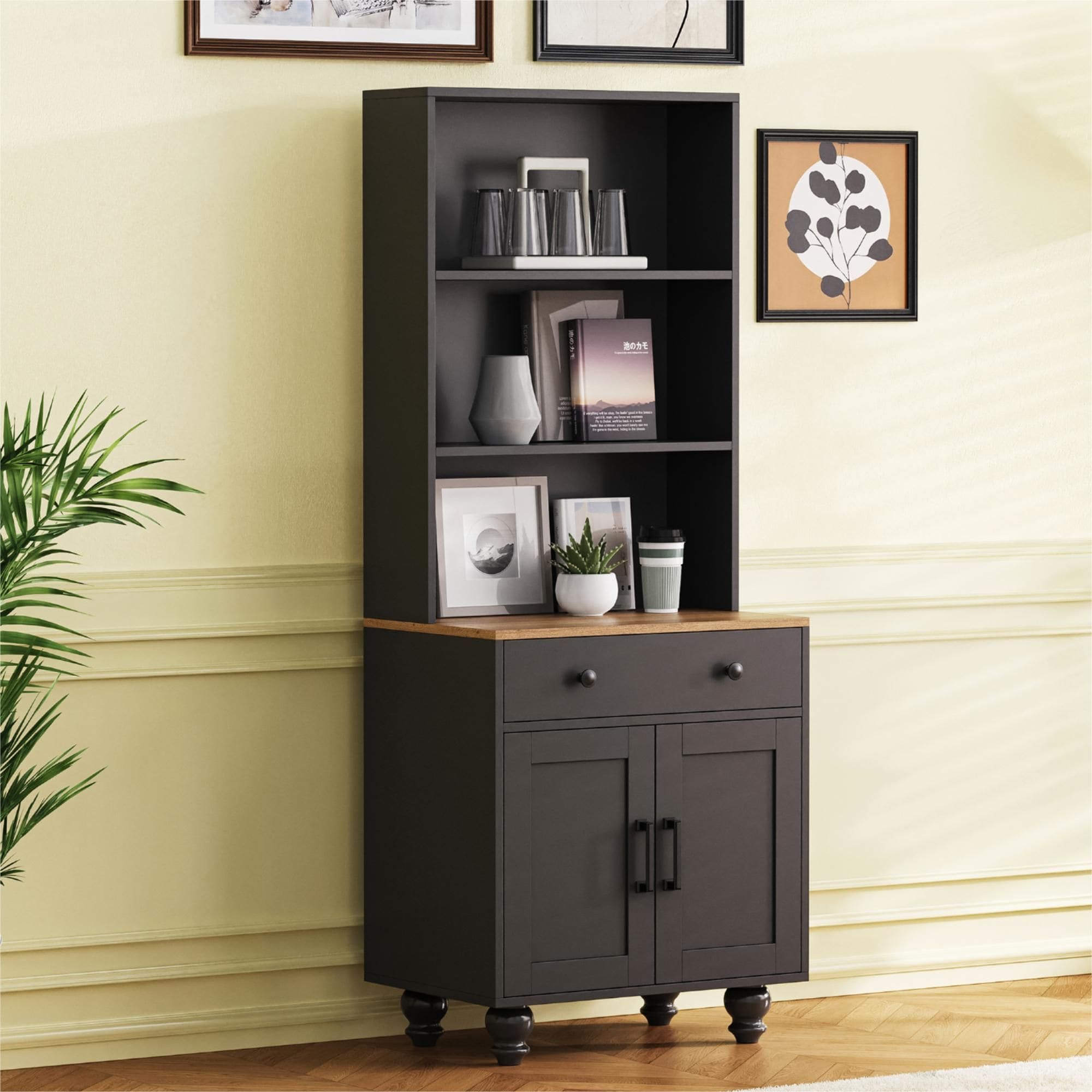 JUSHUA ON TREND Farmhouse Storage Cabinet with 4 Solid Wood Gourd Shaped Legs Modern Kitchen Pantry Cabinet with Adjustable Shelves 5 Tier Bookshelf with Drawer for Living Room Black