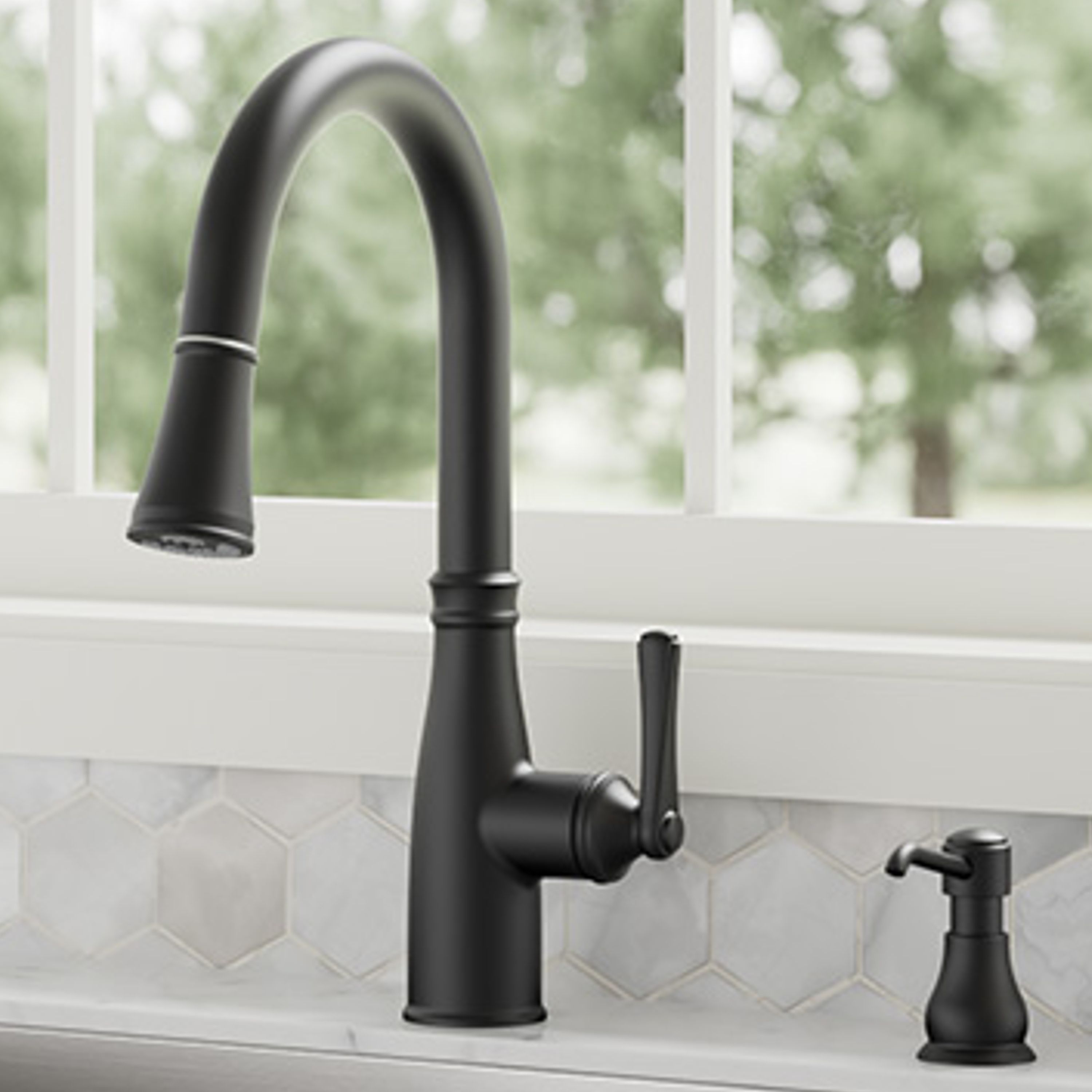 allen + roth FP1B4220BL Albers Matte Black Single Handle Deck-mount Pull-down Kitchen Faucet with Sprayer (Includes Deck Plate) (Includes Soap Dispenser)