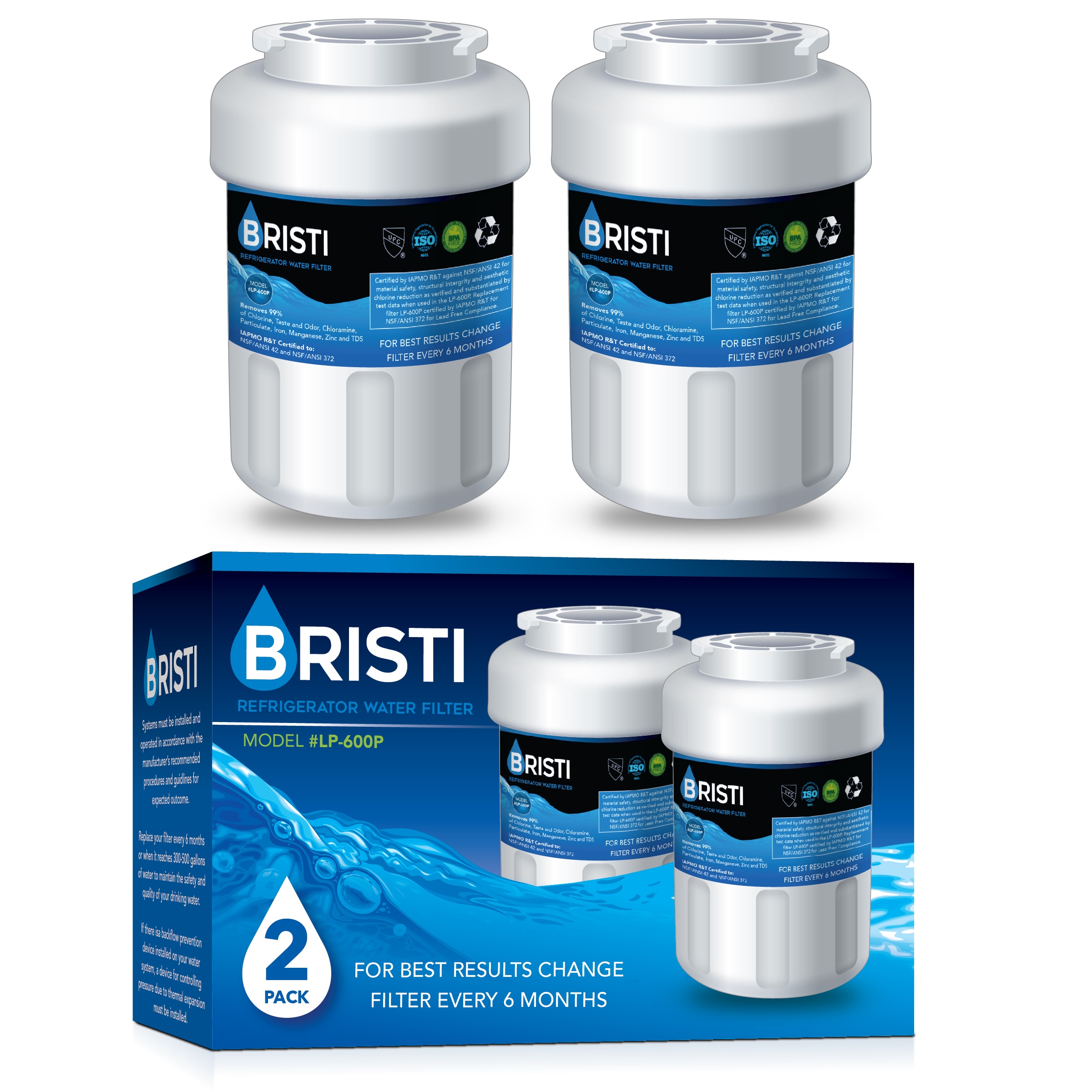 BRISTI LP600P-2PACK Twist-in Refrigerator Water Filter 2-Pack