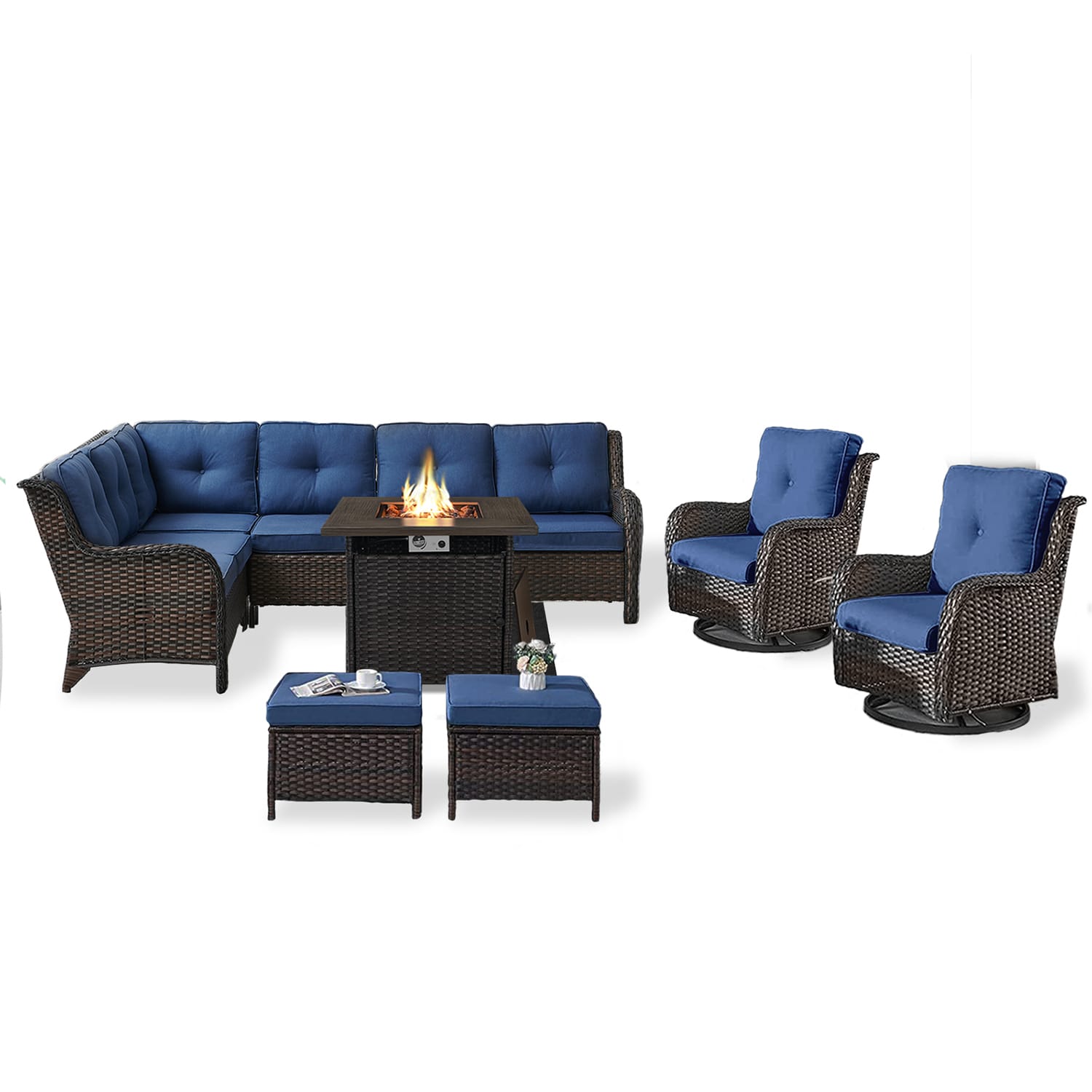 Rilyson FS2314054056058098-1 Curved armrest 9 -Piece Wicker Patio Conversation Set with Blue Cushions