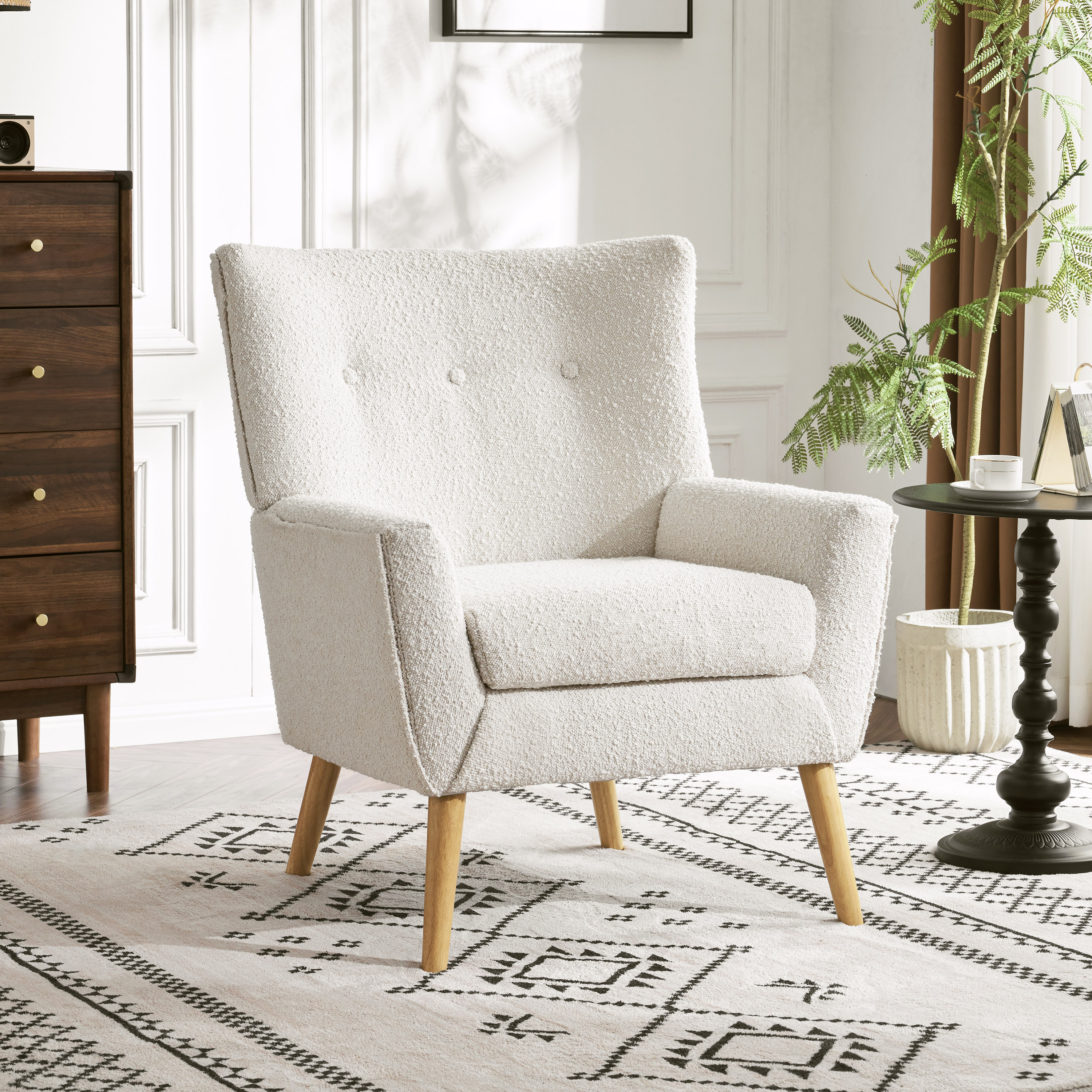 Contemporary White Boucle Upholstered Club Chair with Natural Wood Legs
