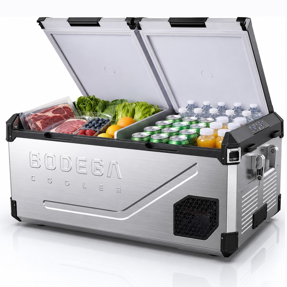 BODEGA 2.64 Cu Ft Stainless Steel Dual Zone Portable Car Refrigerator APP Control 12/24V DC 100-240V AC Auto Defrost Vehicle Cooler