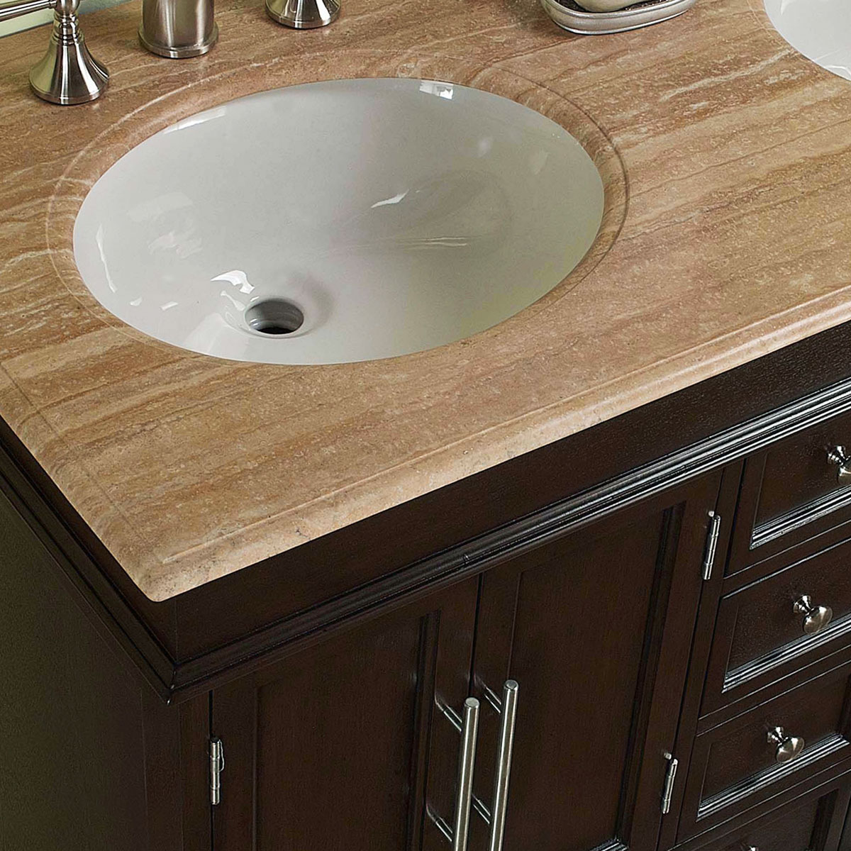 Silkroad Exclusive 55-in Dark Walnut Undermount Double Sink Bathroom Vanity  with Travertine Top in the Bathroom Vanities with Tops department at